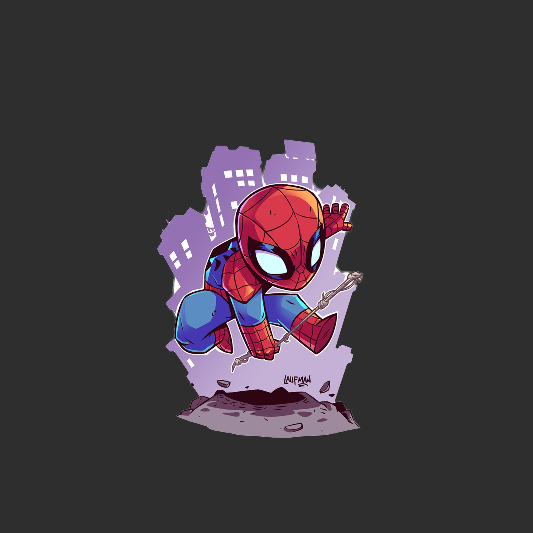 Chibi Spider-Man, LAUFMAN text, city skyline silhouette, HD Phone wallpaper