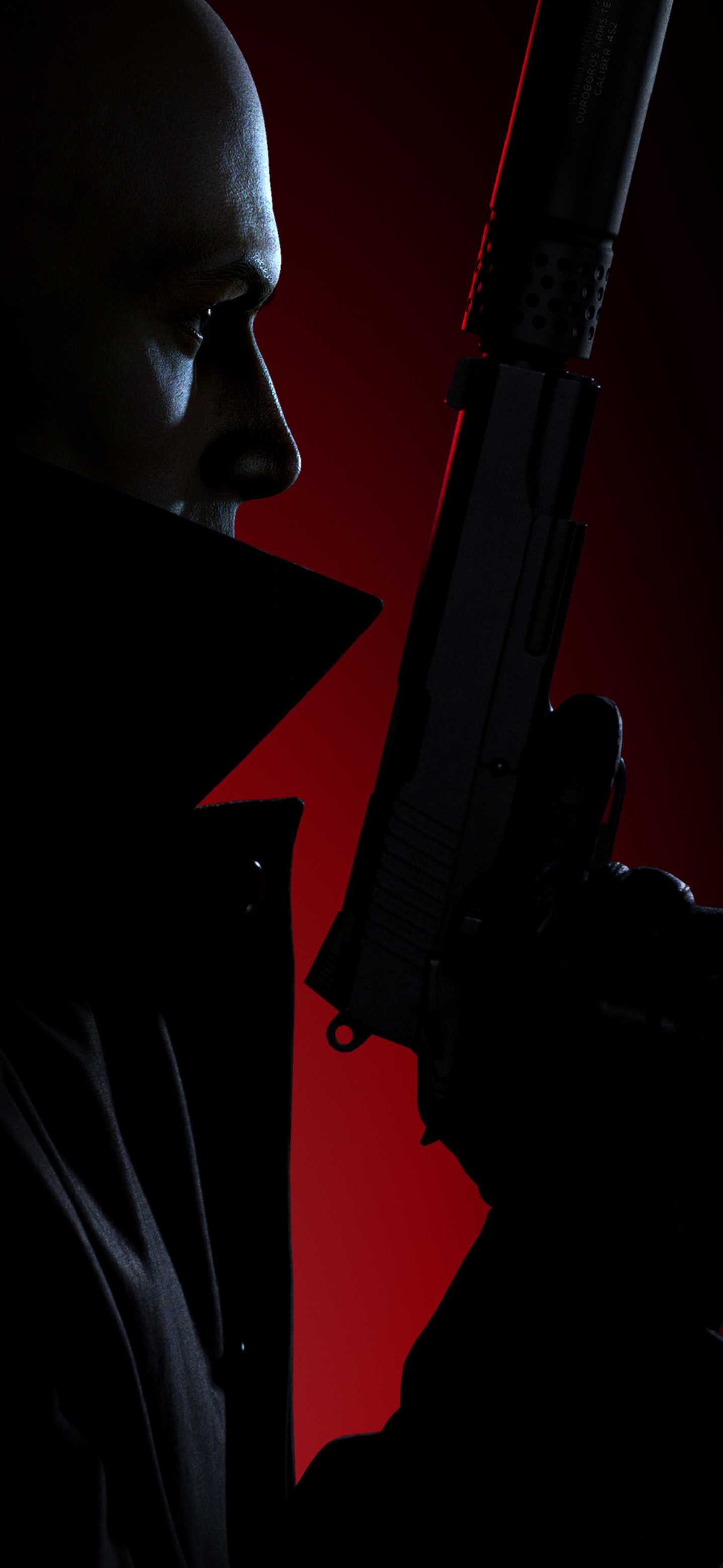 Agent 47 profile, Suppressed Silverballer pistol, Red backlight silhouette, HD Phone wallpaper