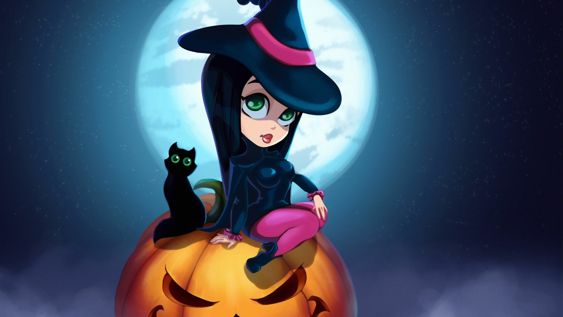 Cute witch and kitten Halloween art, HD image, Adorable, 1920x1080 Full HD Desktop