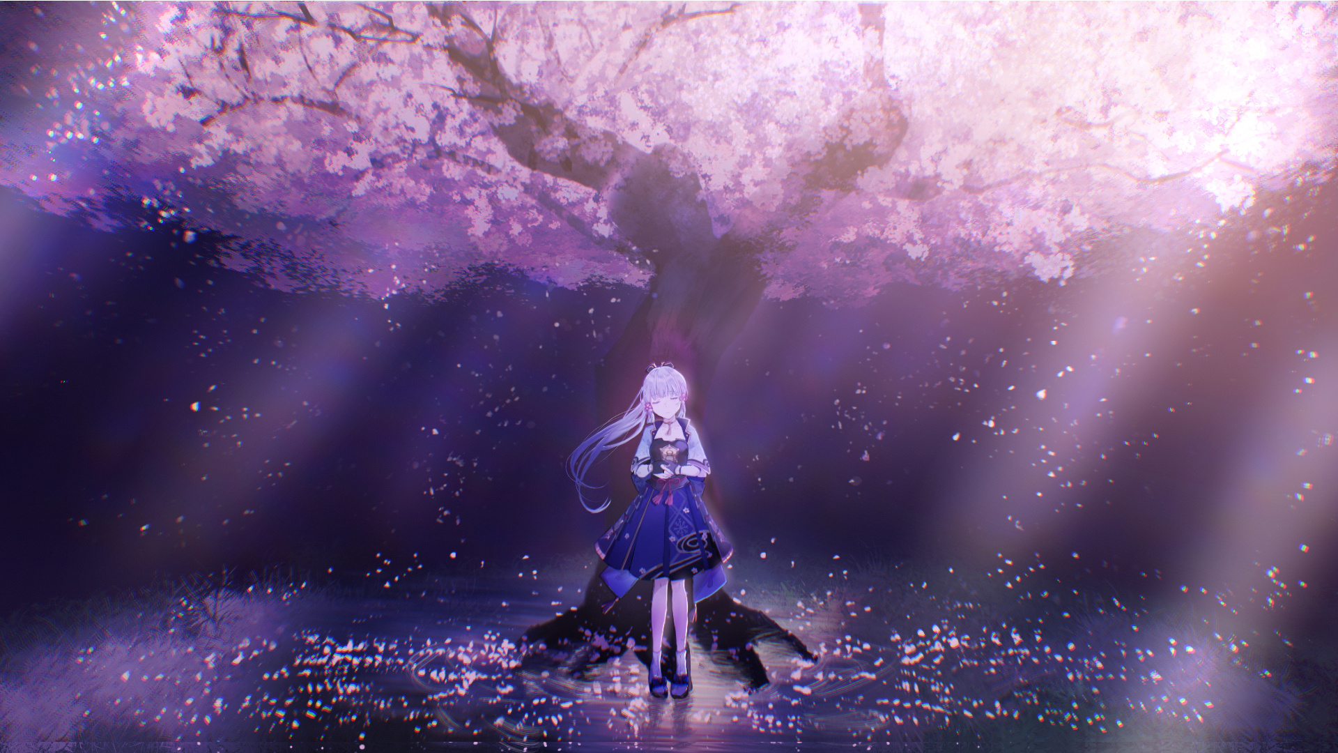 Kamisato Ayaka, Genshin Impact, Glowing cherry blossom tree, Full HD Desktop wallpaper