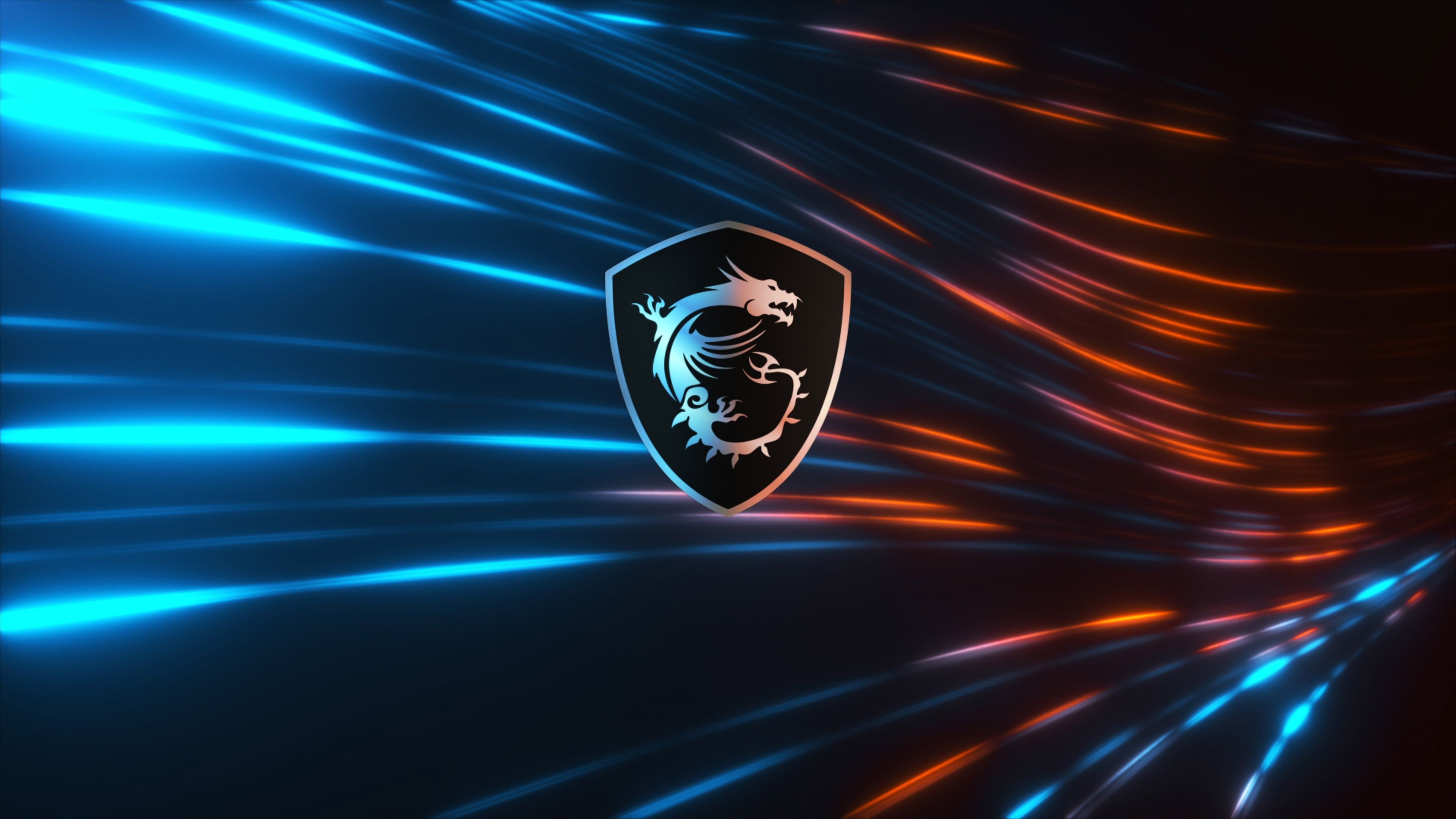 MSI dragon shield logo, blue light streaks, orange light trails, 4K Desktop wallpaper