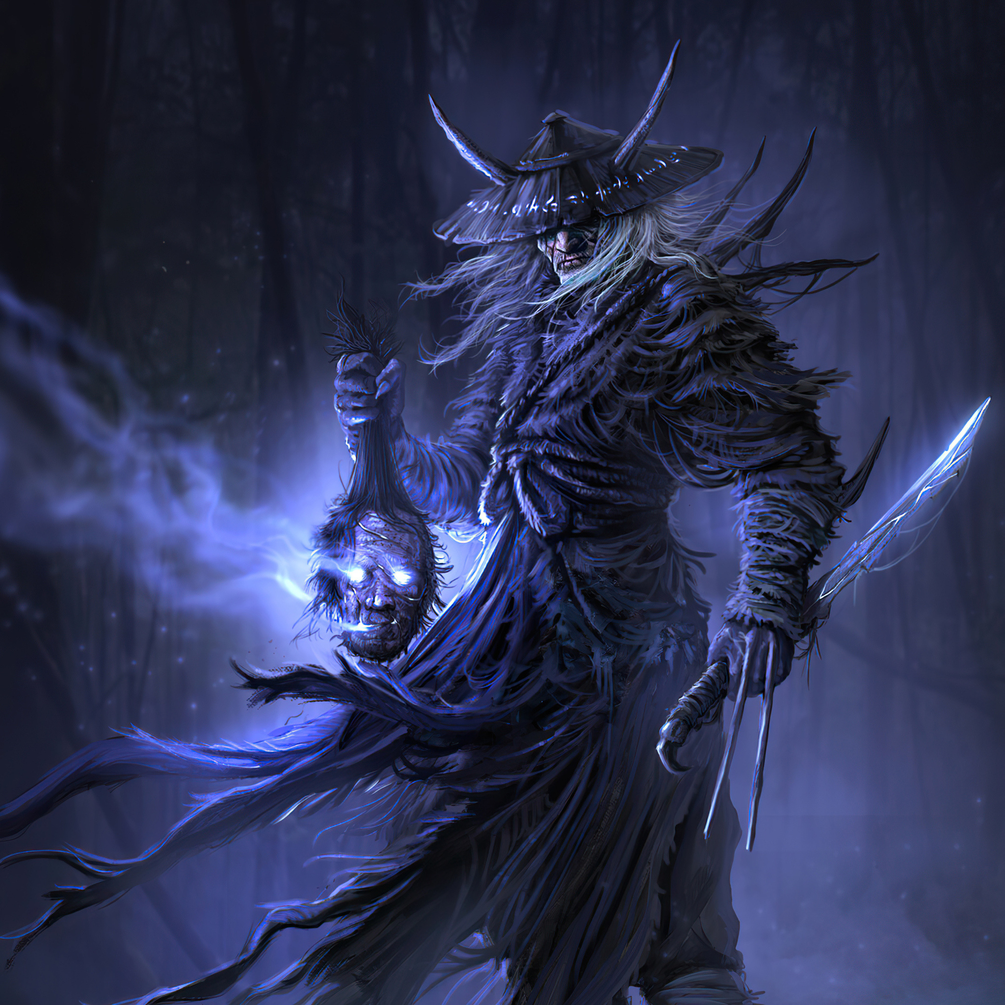 undead horned samurai, severed glowing head, horned jingasa hat, HD Phone wallpaper