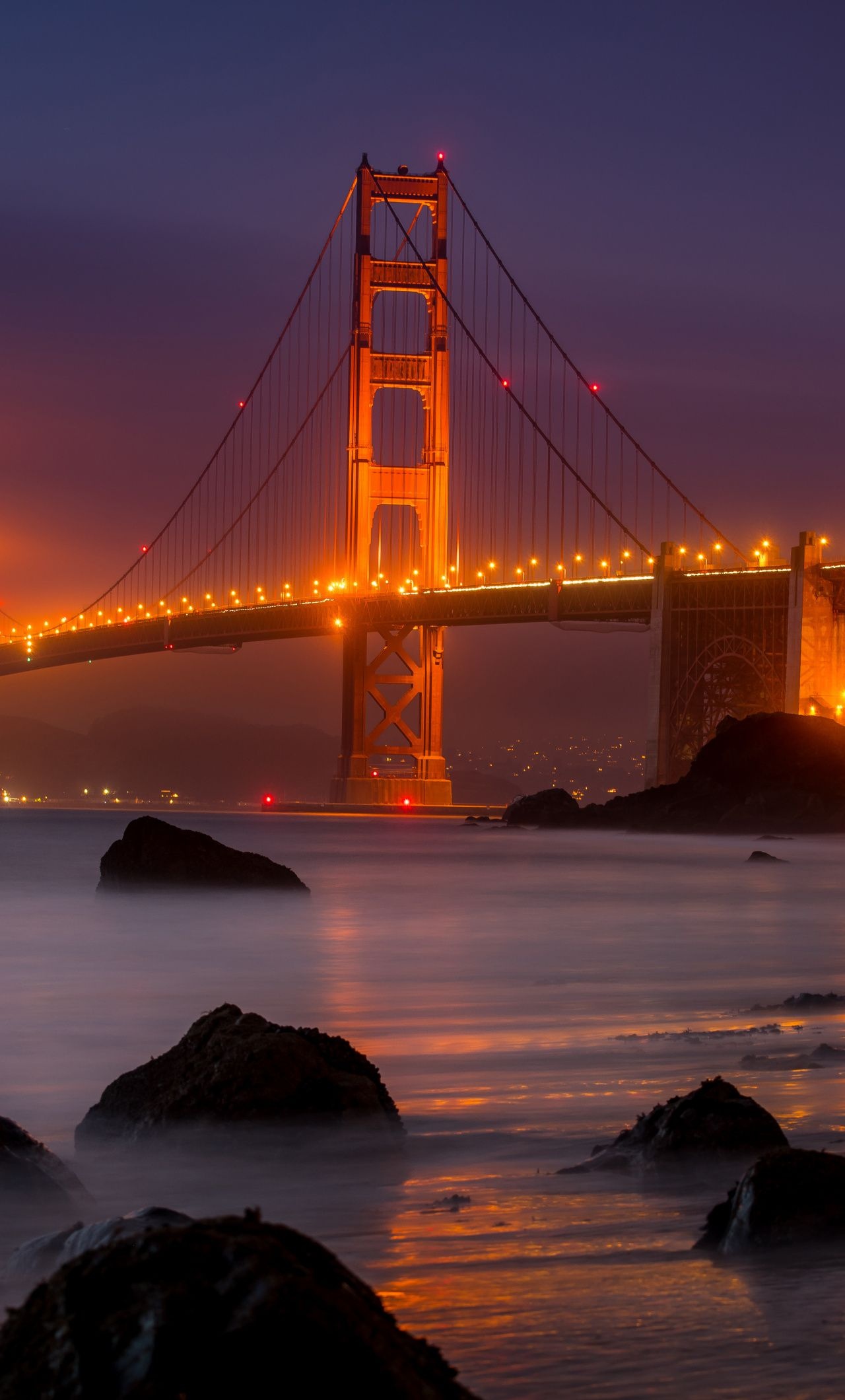 San Francisco Travels, Golden Gate Bridge, Yellow lights, Night beauty, 1280x2120 HD Phone