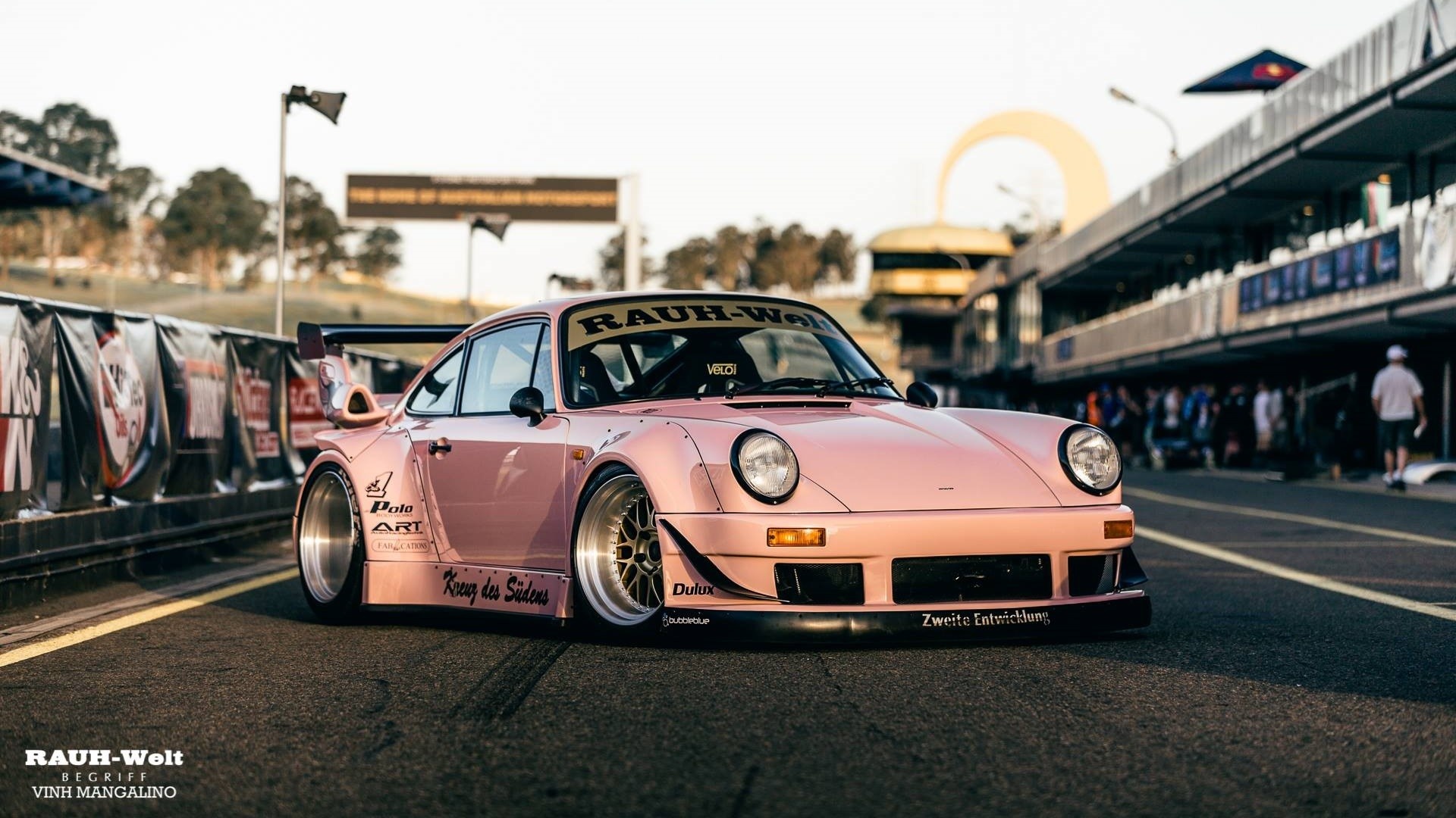 RWB Porsche 911, RAUH-Welt Begriff decal, racetrack pit lane, Full HD Desktop wallpaper