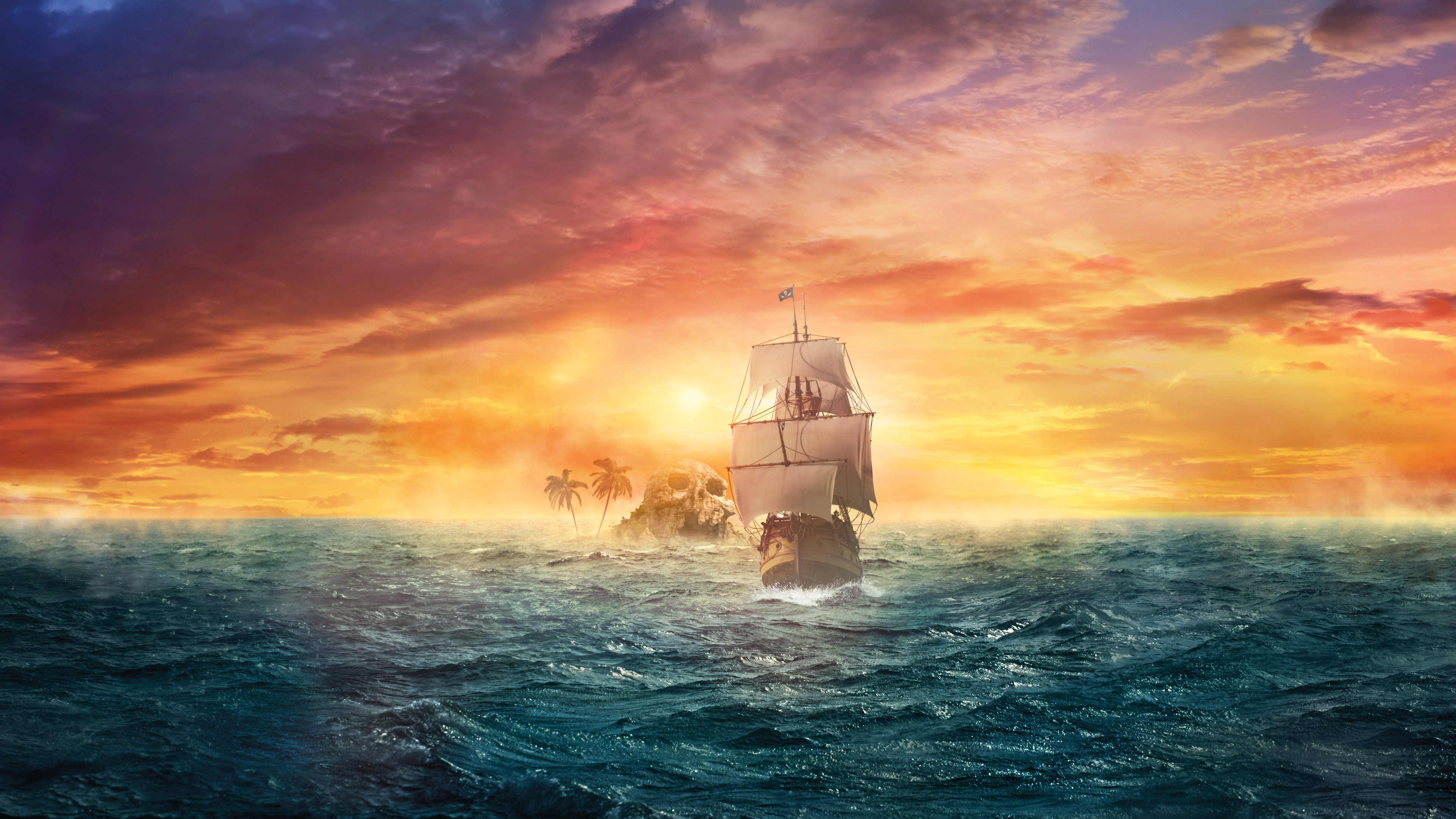 Pirate ship galleon, Skull rock island, Golden sunset seascape, 4K Desktop wallpaper