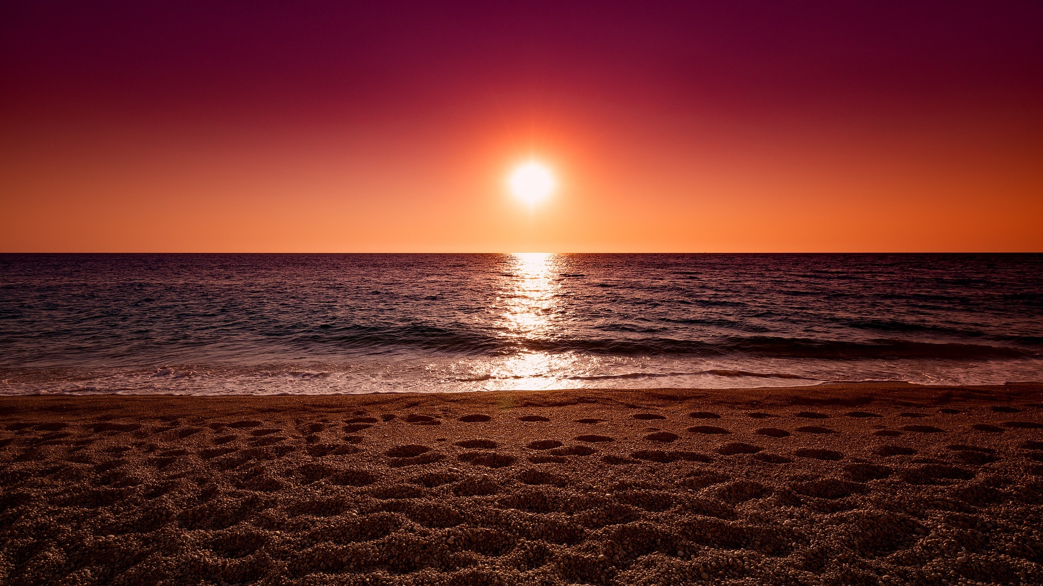Setting sun over ocean, Pebbly beach shore, Sunlight ocean reflection, HD Desktop wallpaper