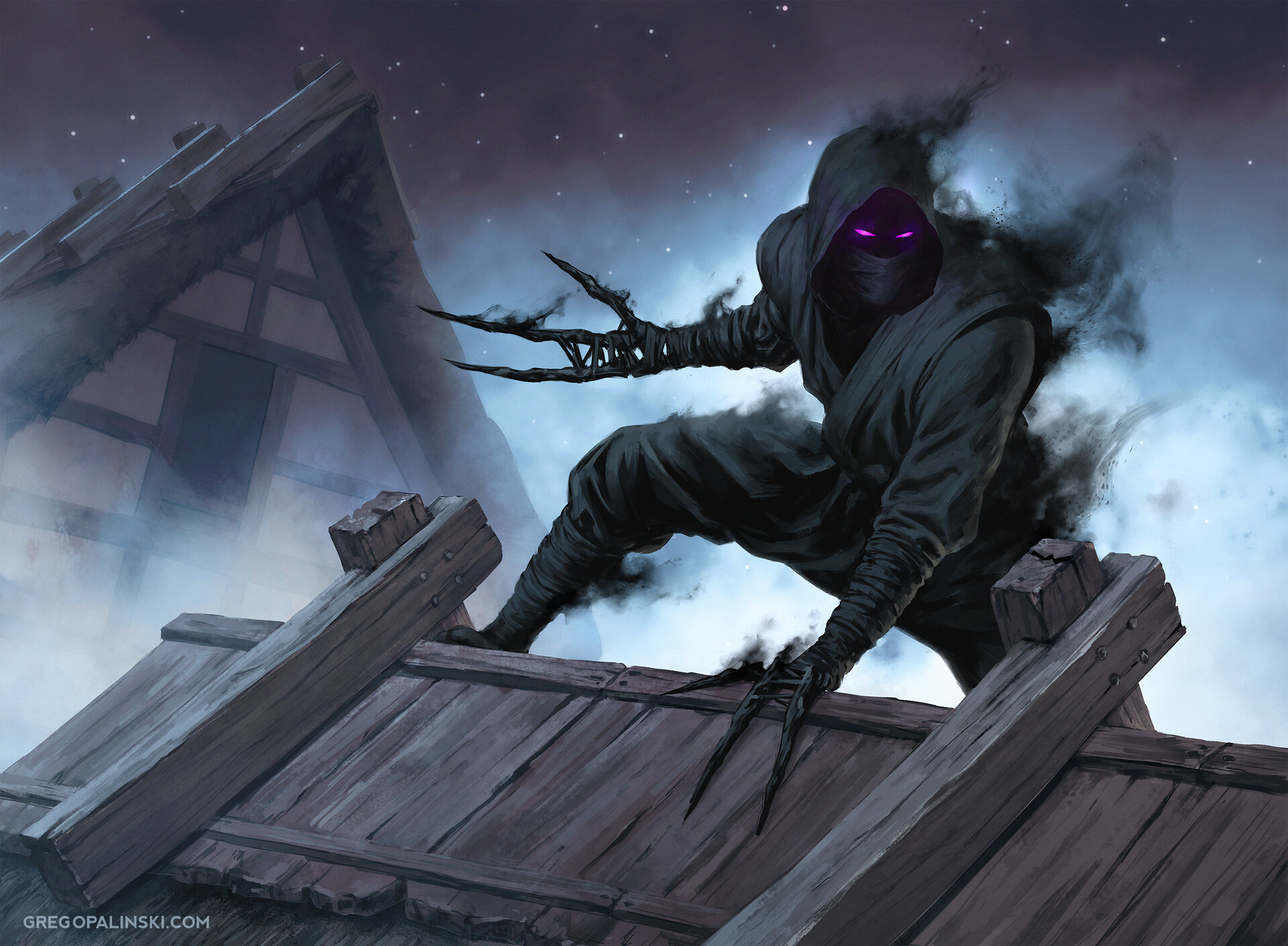 Glowing-eyed shadow ninja, Tekko-kagi claw weapons, Traditional Japanese wooden rooftop, HD Desktop wallpaper