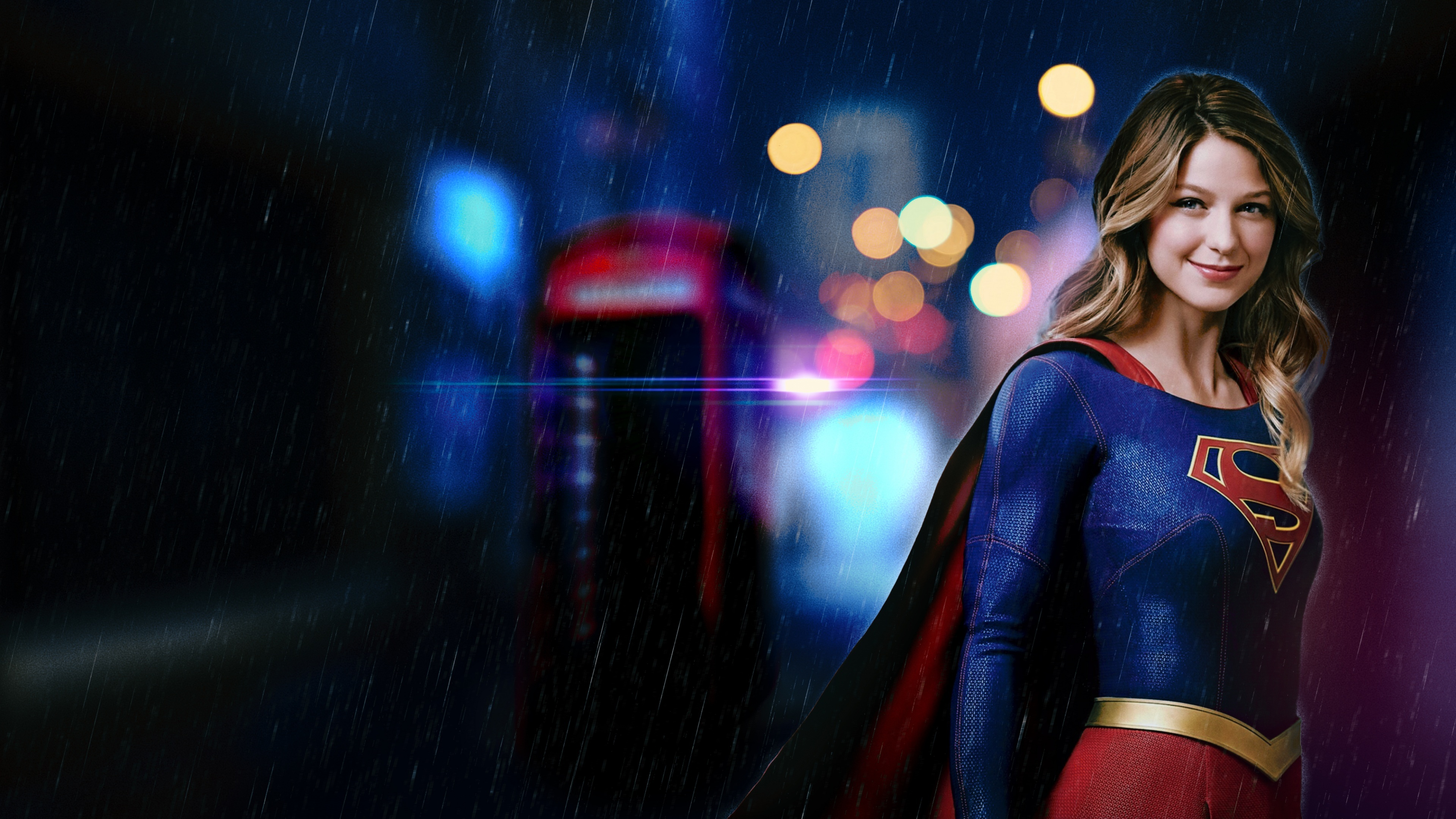 Melissa Benoist as Supergirl, Red telephone box, Rainy night bokeh, 4K Desktop wallpaper