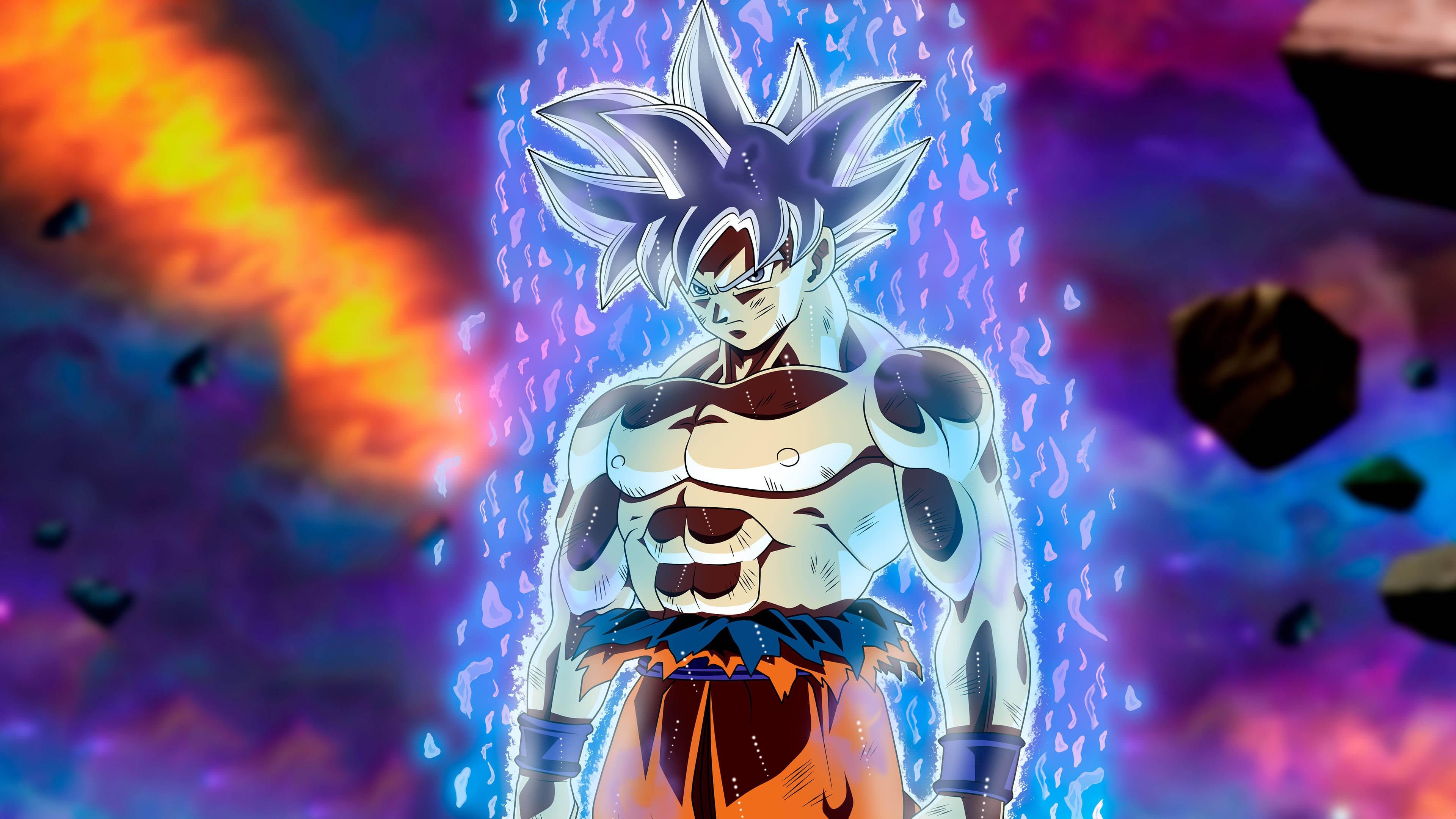 Mastered Ultra Instinct Goku, Glowing divine ki aura, Tournament of Power background, 4K Desktop wallpaper