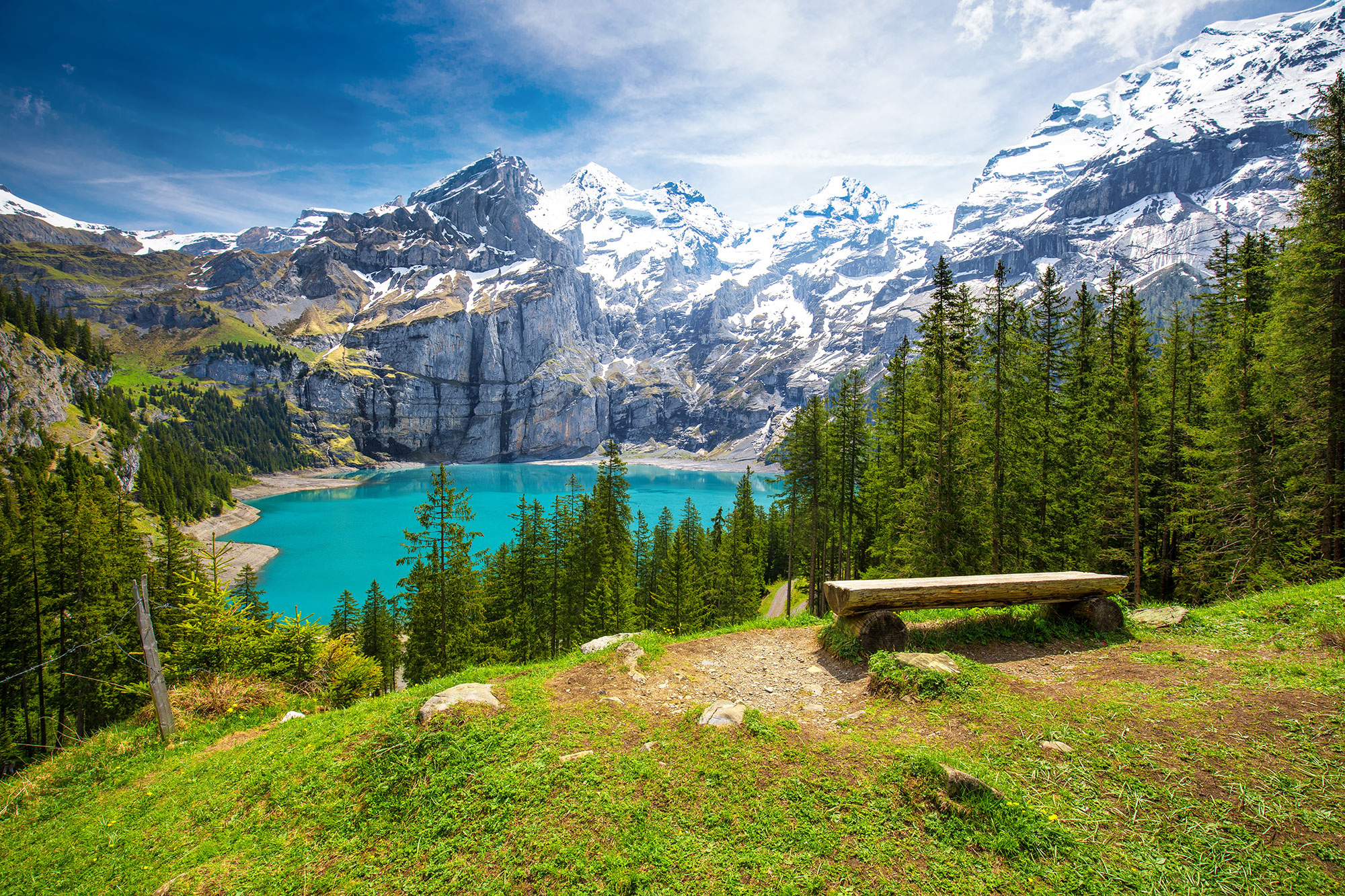 Lake Oeschinen, Bernese Alps peaks, Rustic log bench viewpoint, HD Desktop wallpaper