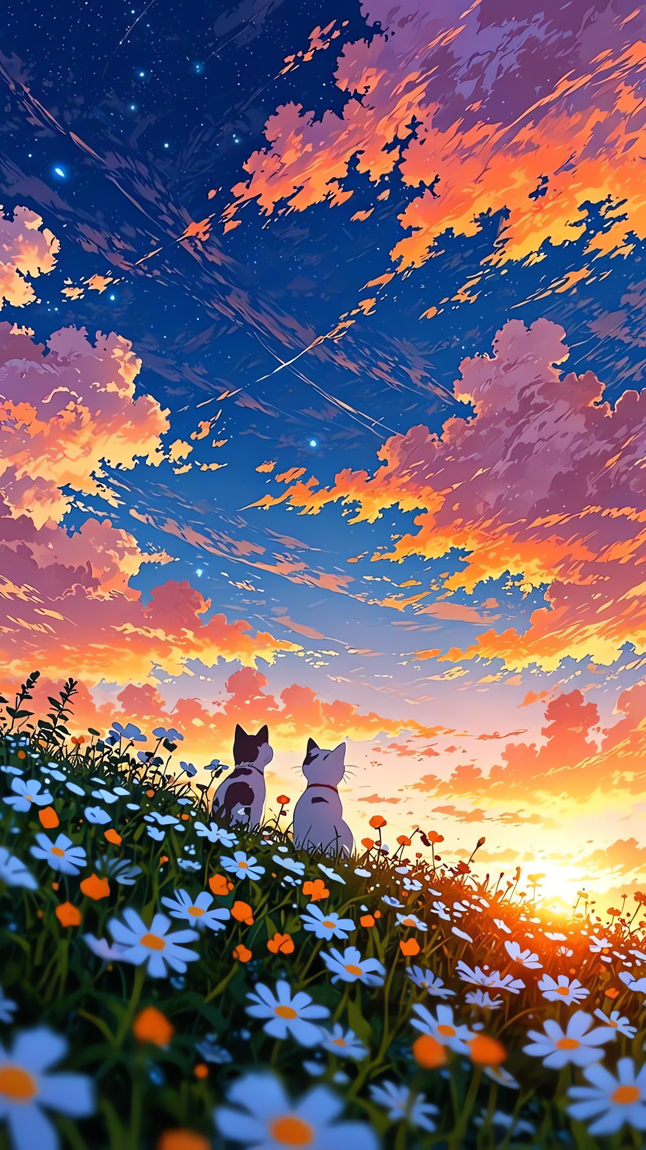 Flower Field, Two Cats, Sunset Sky Wallpaper, Daisies, HDR, 4K