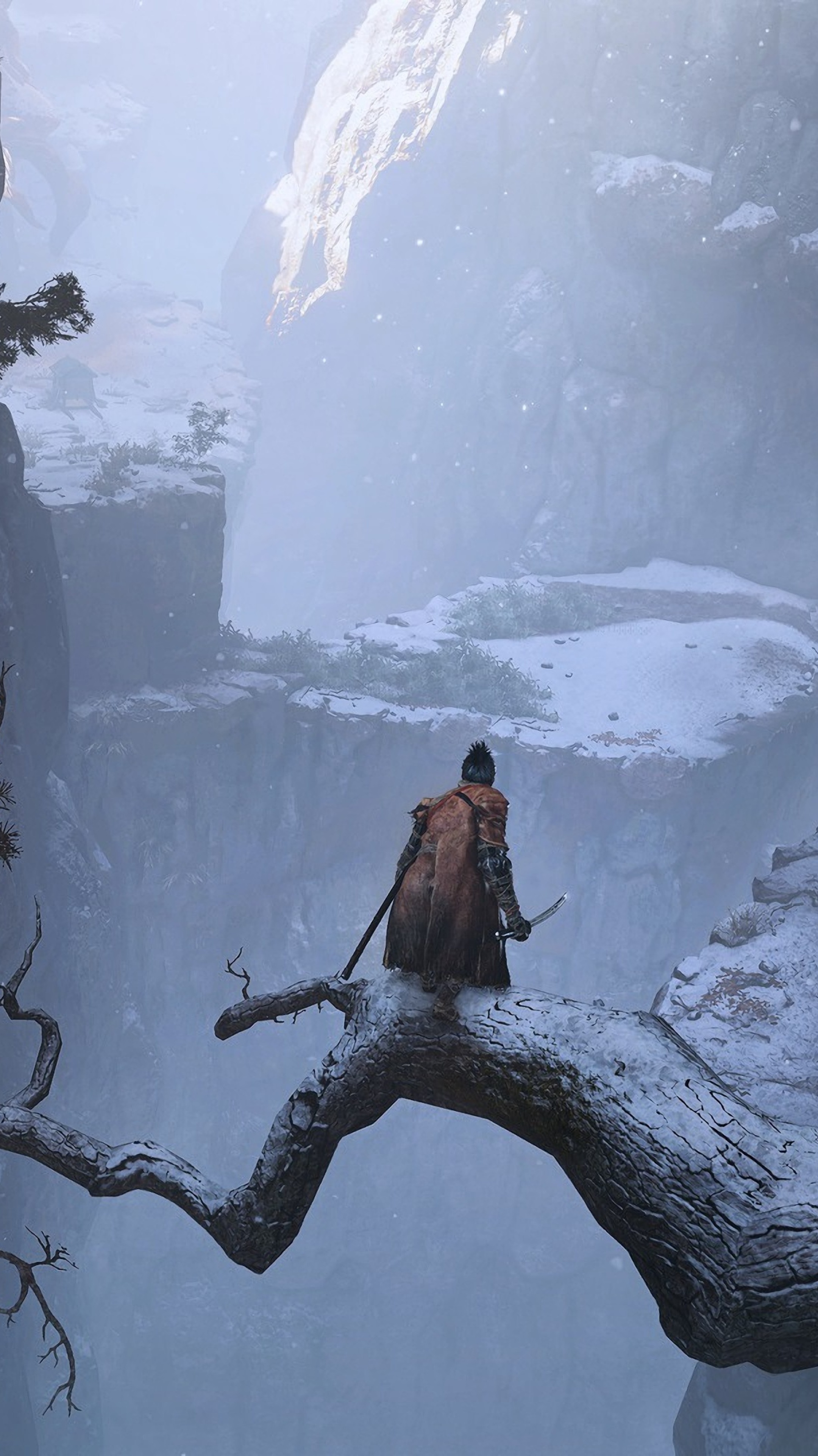 Sekiro, Sunken Valley, snow-covered tree branch, 4K Phone wallpaper