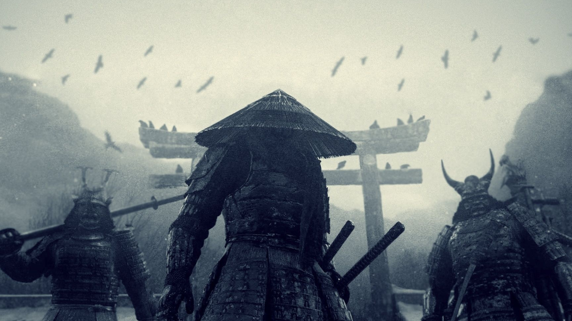 samurai in jingasa hat, stone torii gate, horned kabuto armor, Full HD Desktop wallpaper