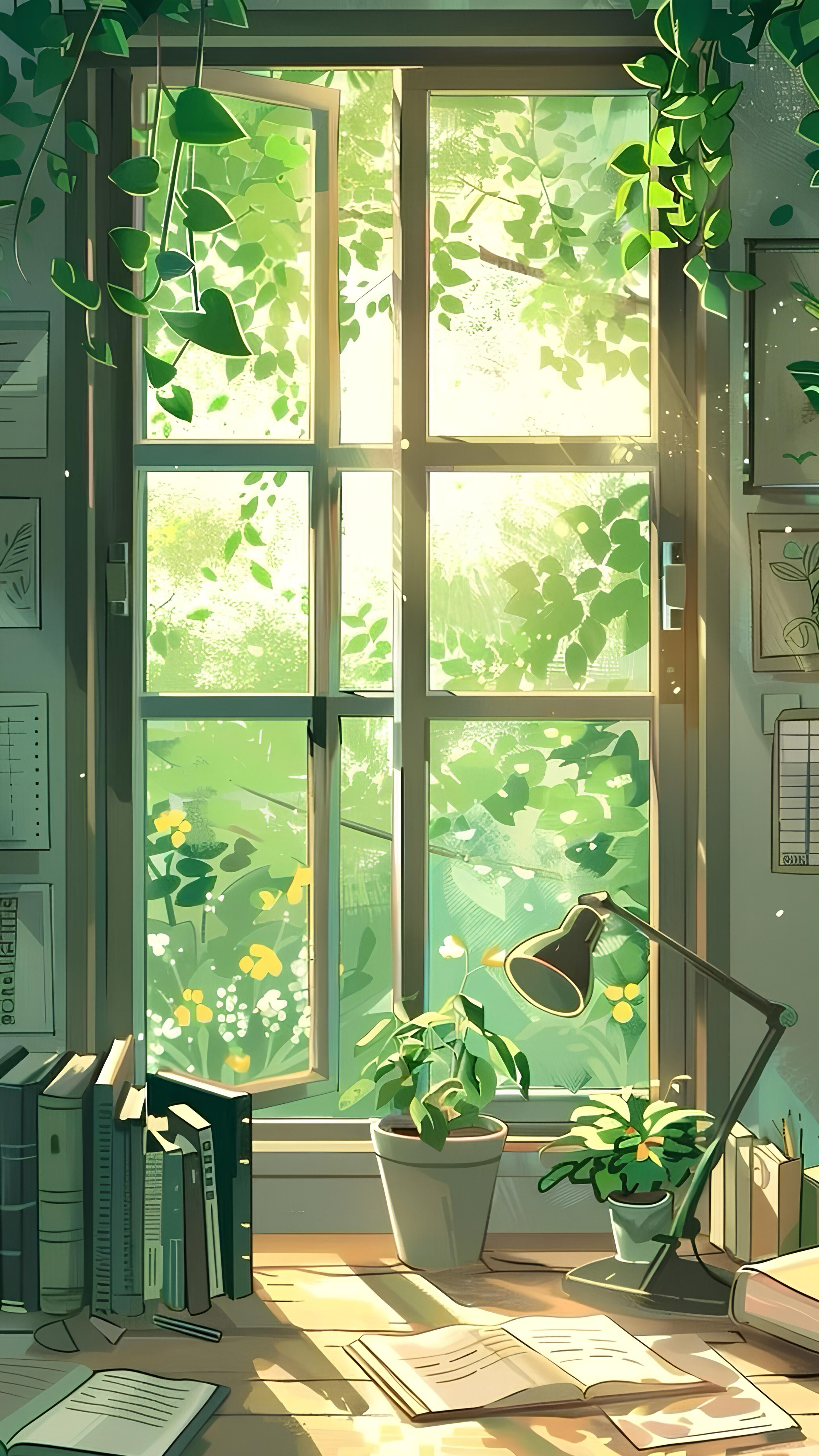 Big Garden Window, Beautiful Plants, Cozy Workplace, AI Background, Mobile