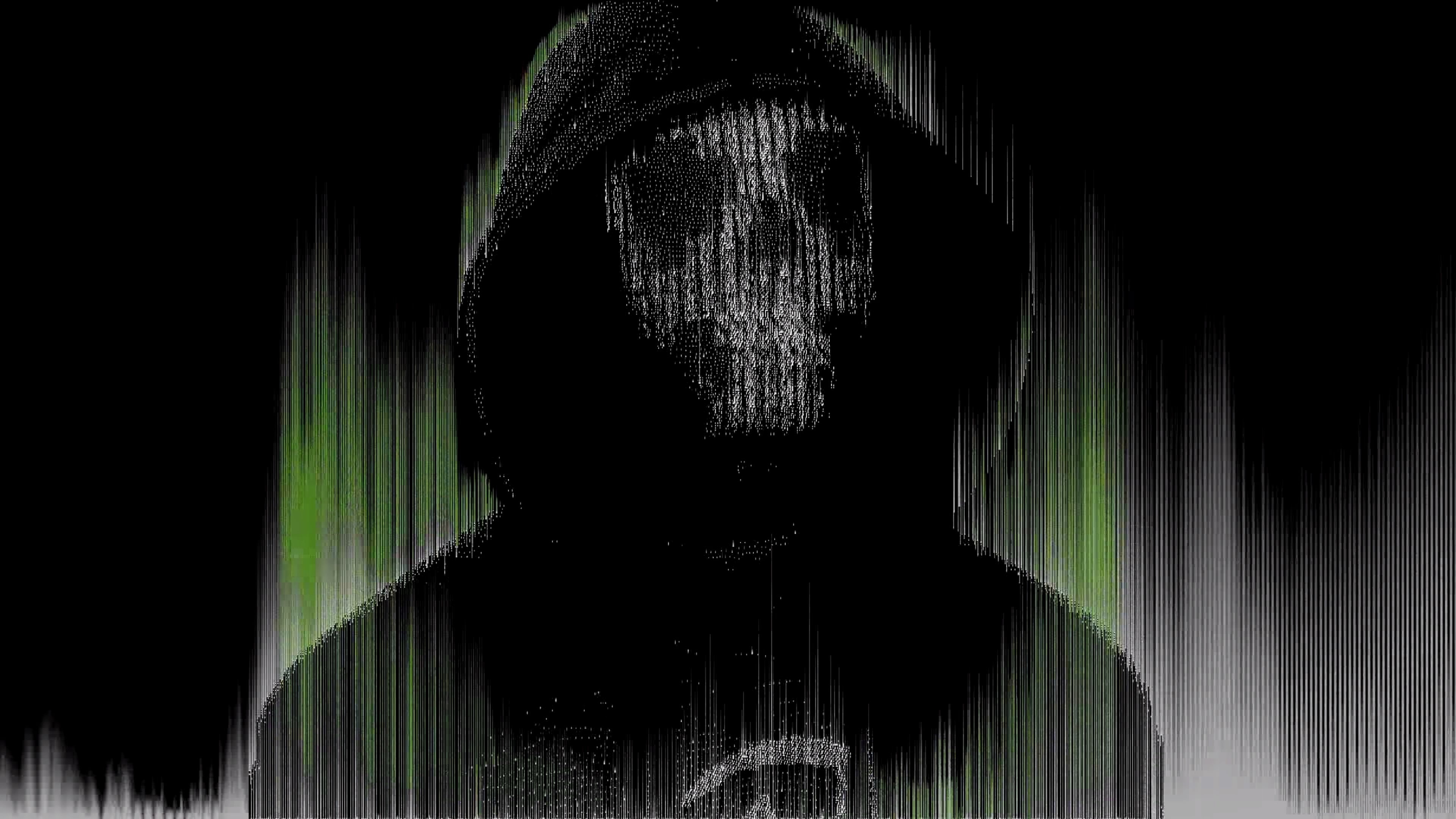 DedSec hacker, digital skull mask, green glitch distortion, 4K Desktop wallpaper