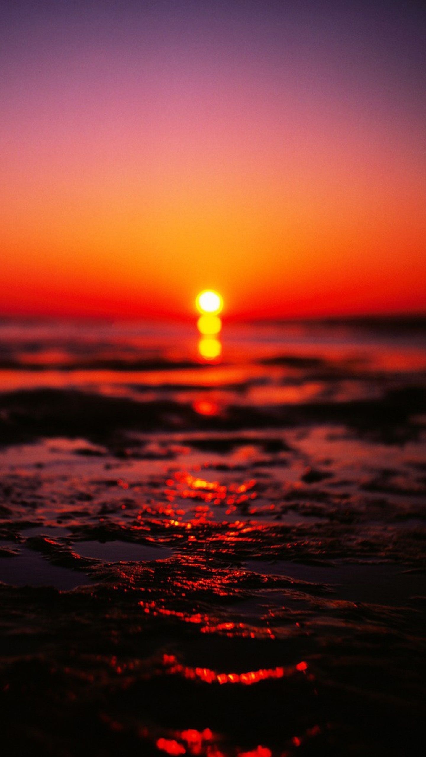 Glowing setting sun, Wet sand tidal reflections, Orange purple twilight sky, HD Phone wallpaper