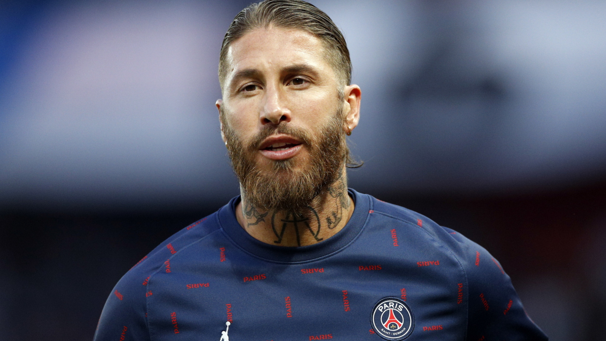 Sergio Ramos, Paris Saint-Germain crest, neck tattoos, HD Desktop wallpaper