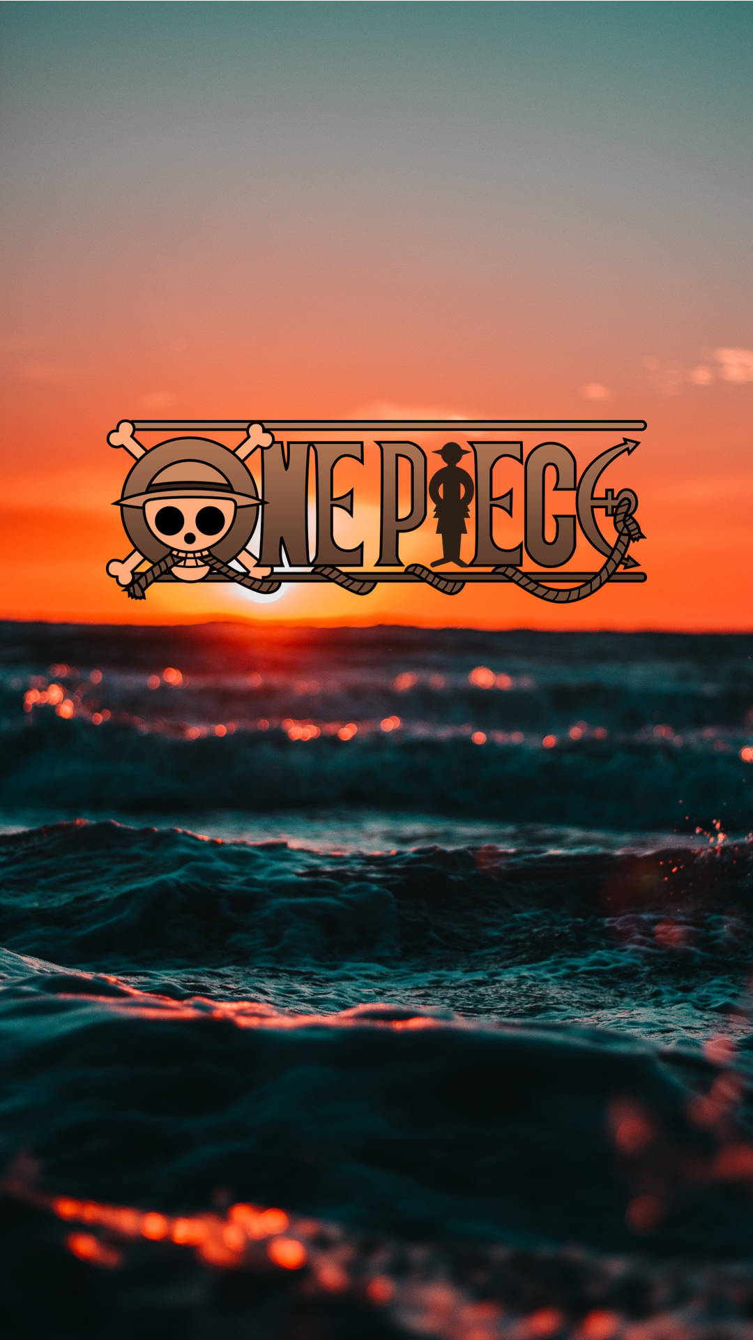 One Piece logo, ocean waves, sunset horizon, Full HD Phone wallpaper
