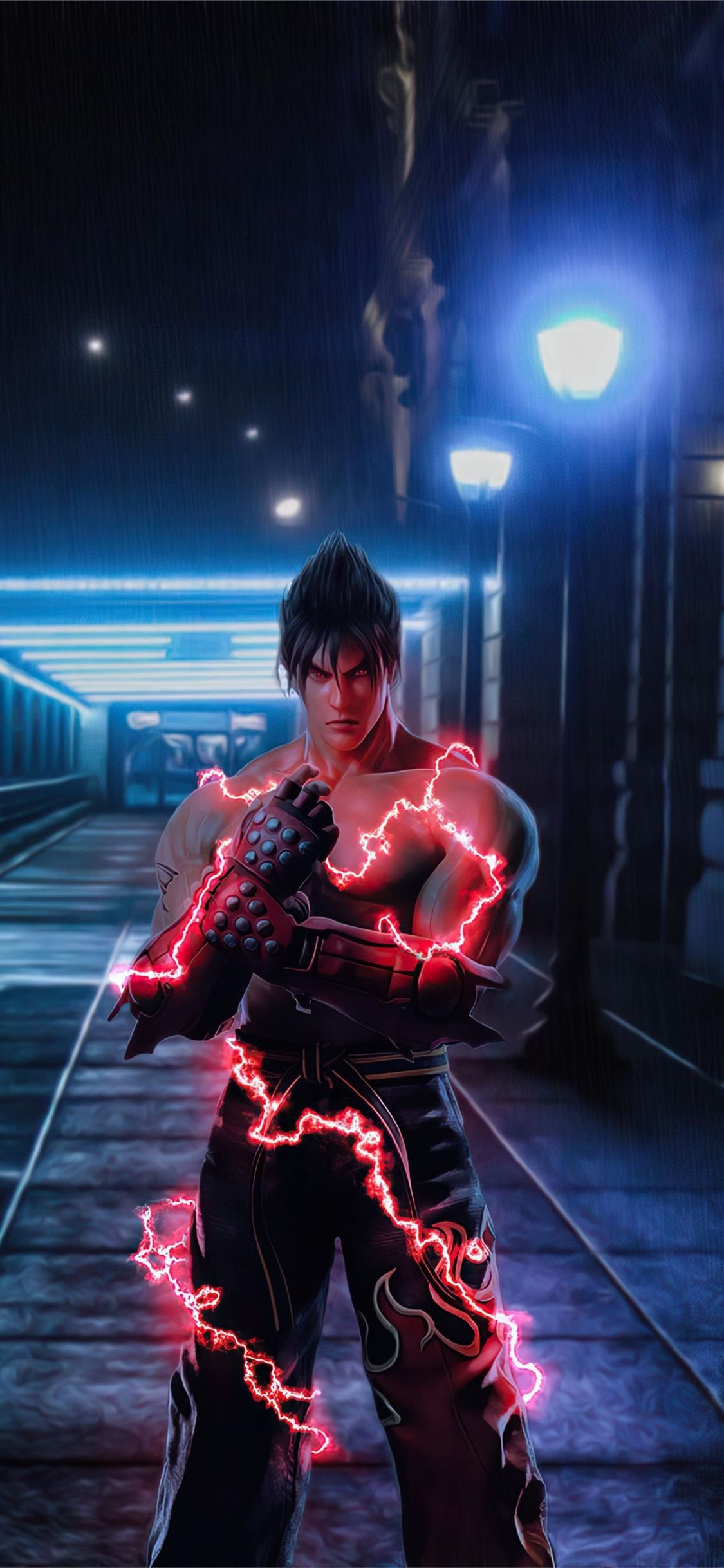 Jin Kazama, red lightning aura, rainy night streetlamp, HD Phone wallpaper