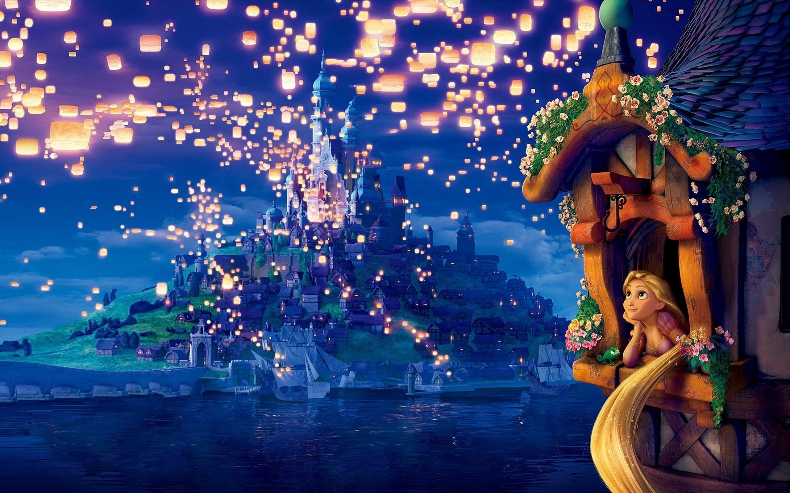 Rapunzel, Kingdom of Corona, Pascal the chameleon, floating sky lanterns, HD Desktop wallpaper
