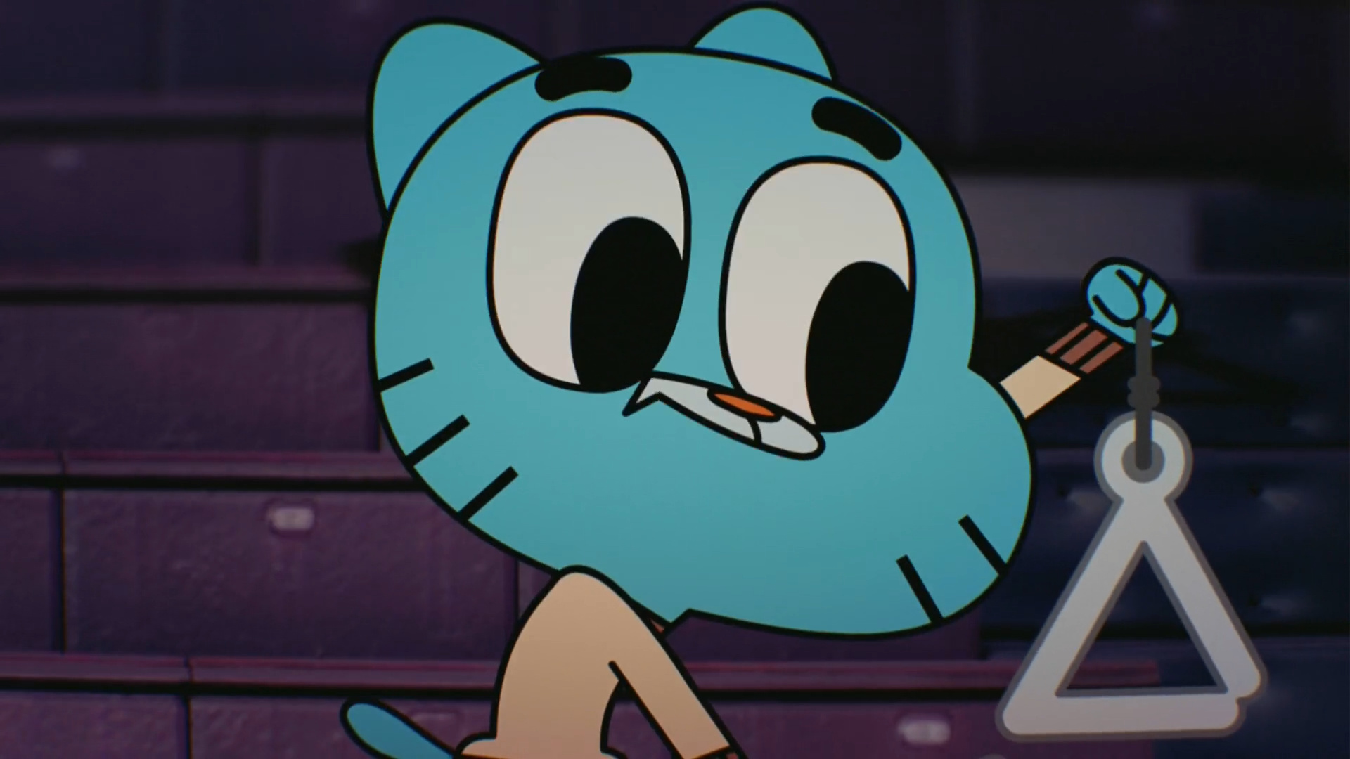 Gumball Watterson, musical triangle, gymnasium bleachers, Full HD Desktop wallpaper