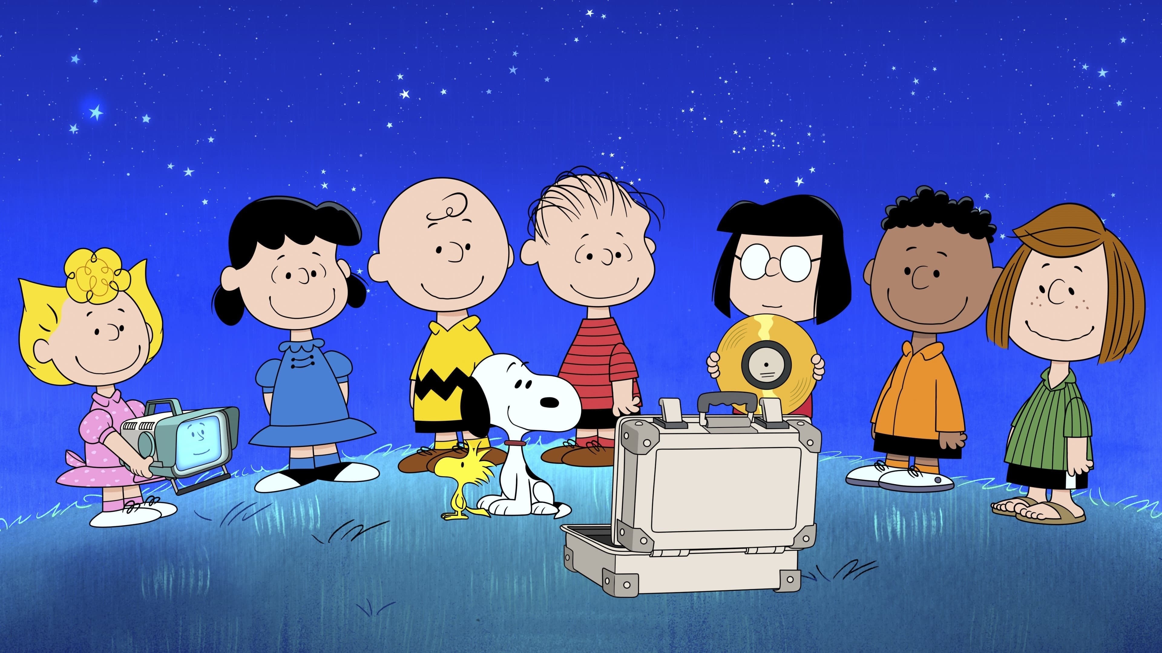 Peanuts gang characters, Charlie Brown and Snoopy, Marcie with Voyager Golden Record, Open silver equipment case, Starry night sky background, 4K Desktop wallpaper