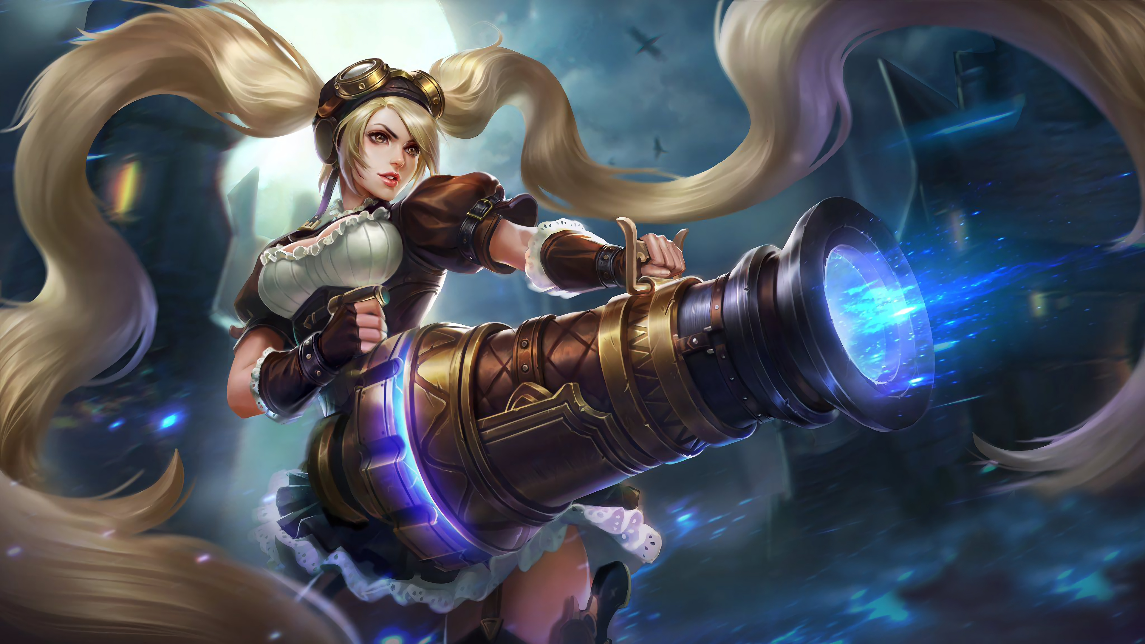 Layla Mobile Legends, Malefic Gunner cannon, steampunk aviator goggles, 4K Desktop wallpaper