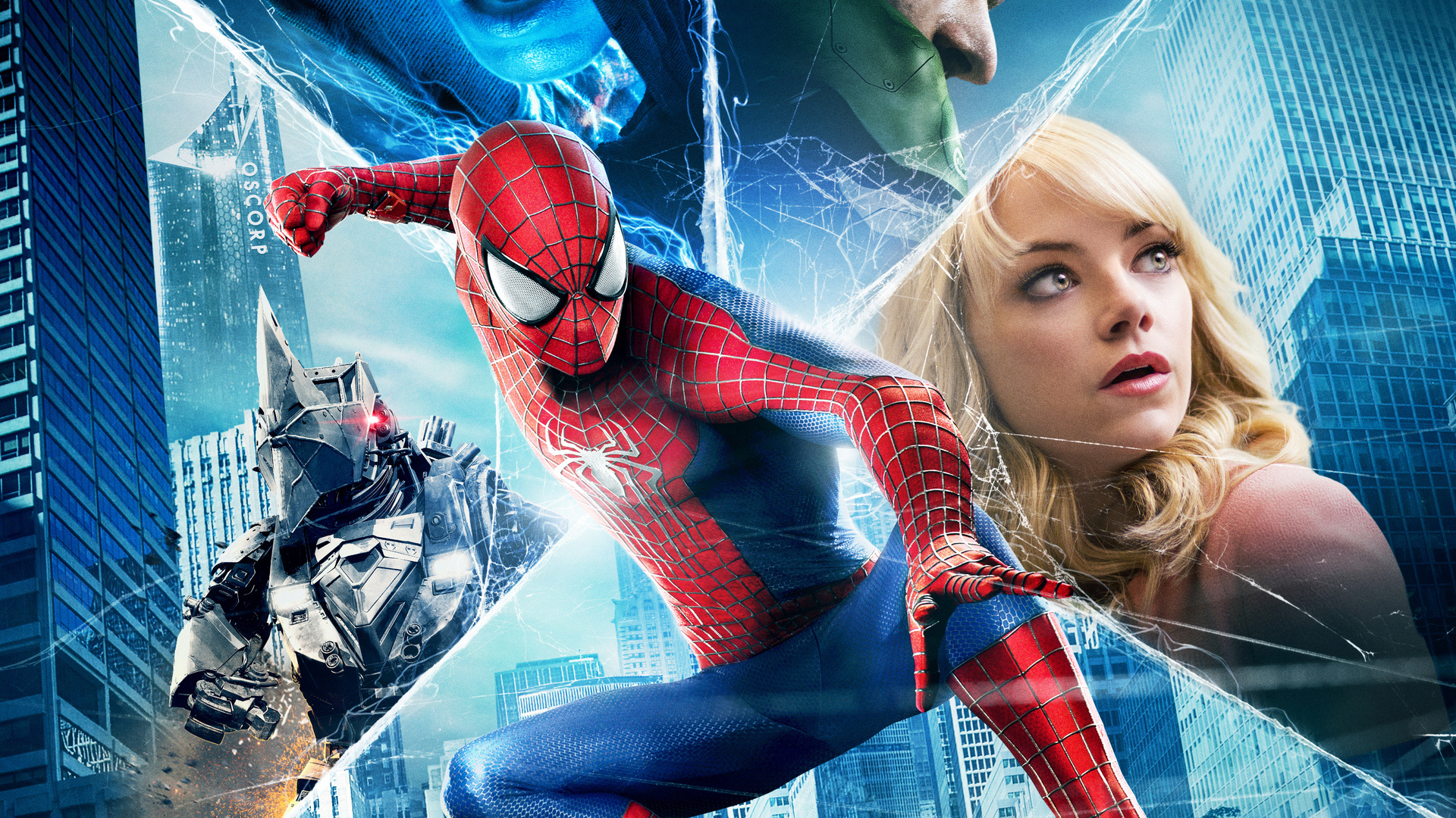 Spider-Man, Gwen Stacy, The Rhino, Electro, Oscorp tower, Full HD Desktop wallpaper