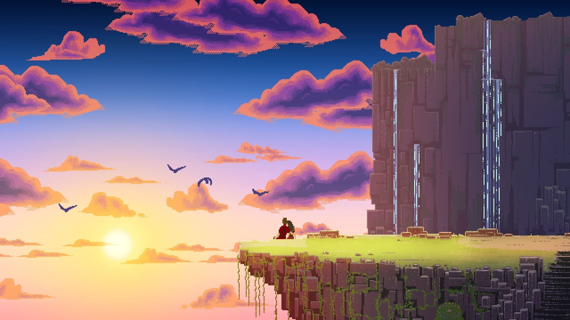 couple on cliff edge, floating grassy island, pixel art sunset sky, Full HD Desktop wallpaper