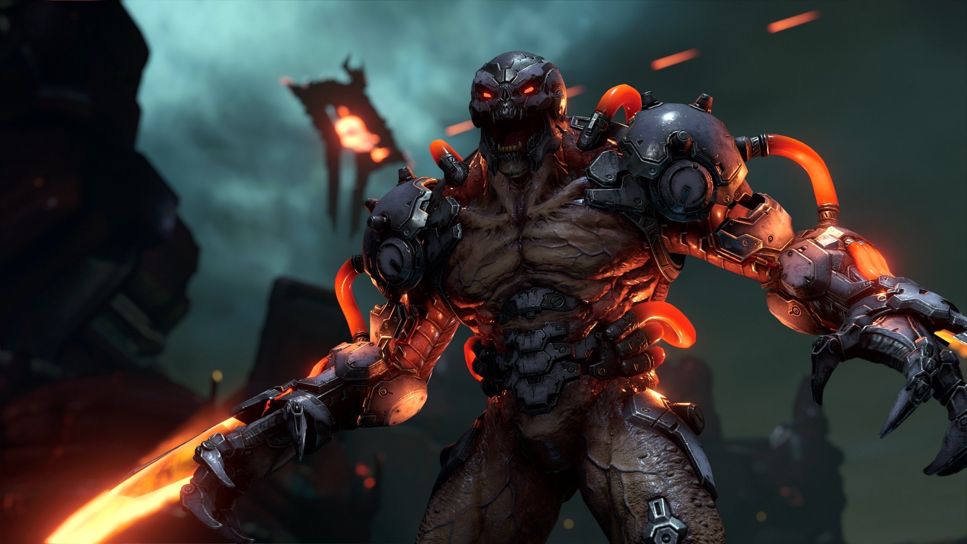 Doom Eternal Dread Knight, Glowing arm blade, Demonic cybernetic armor, Full HD Desktop wallpaper