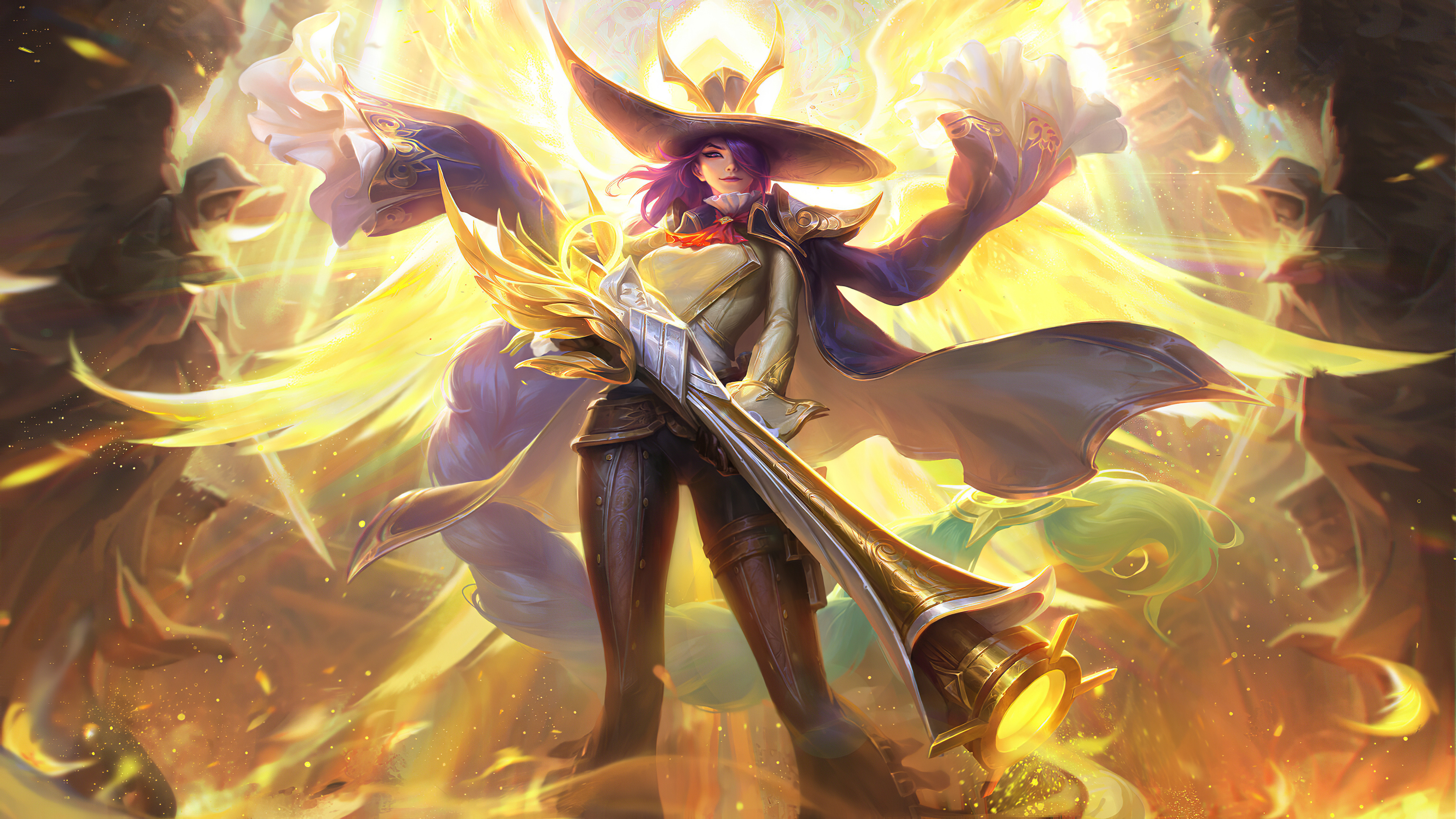 Lesley Angelic Agent, ornate golden sniper rifle, glowing angelic wings, 4K Desktop wallpaper