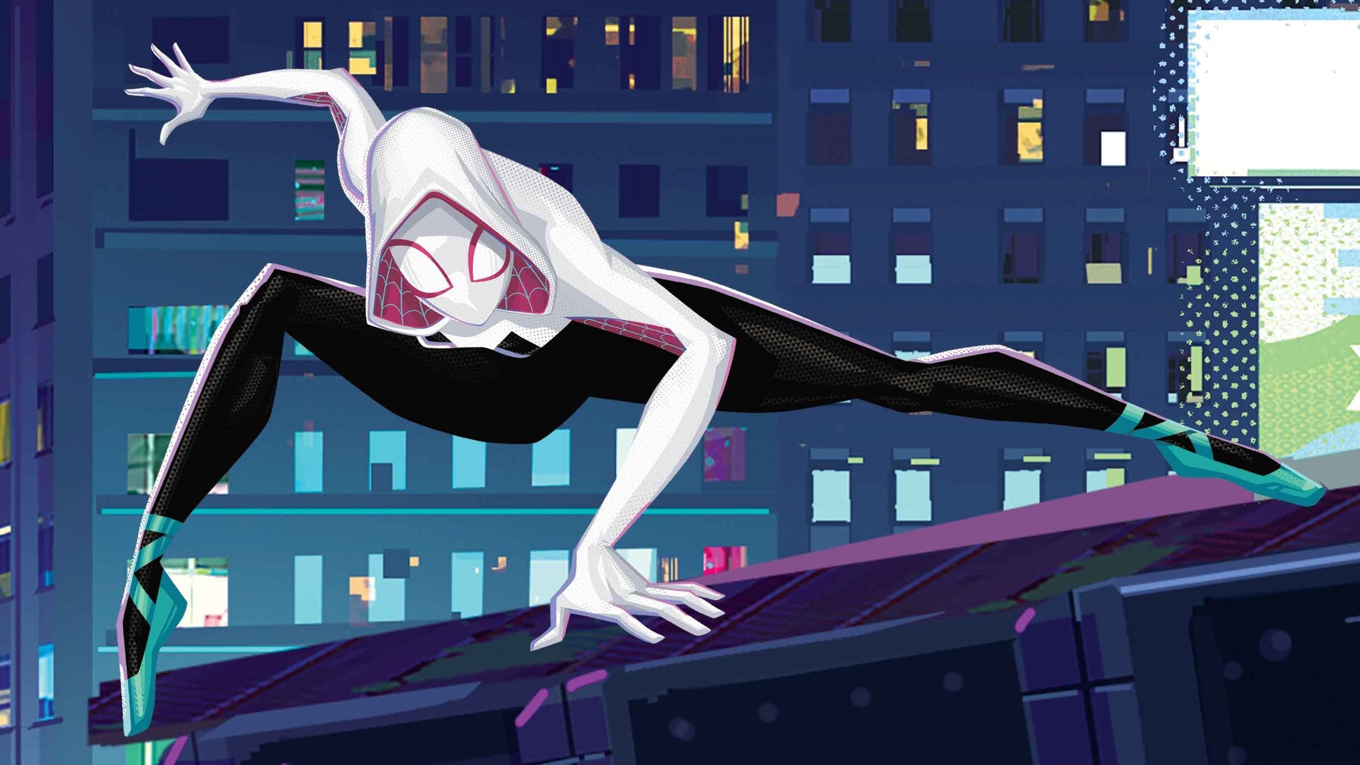 Into the Spider-Verse, Ghost-Spider suit, Spider-Gwen (Gwen Stacy), Night city background, HD Desktop wallpaper