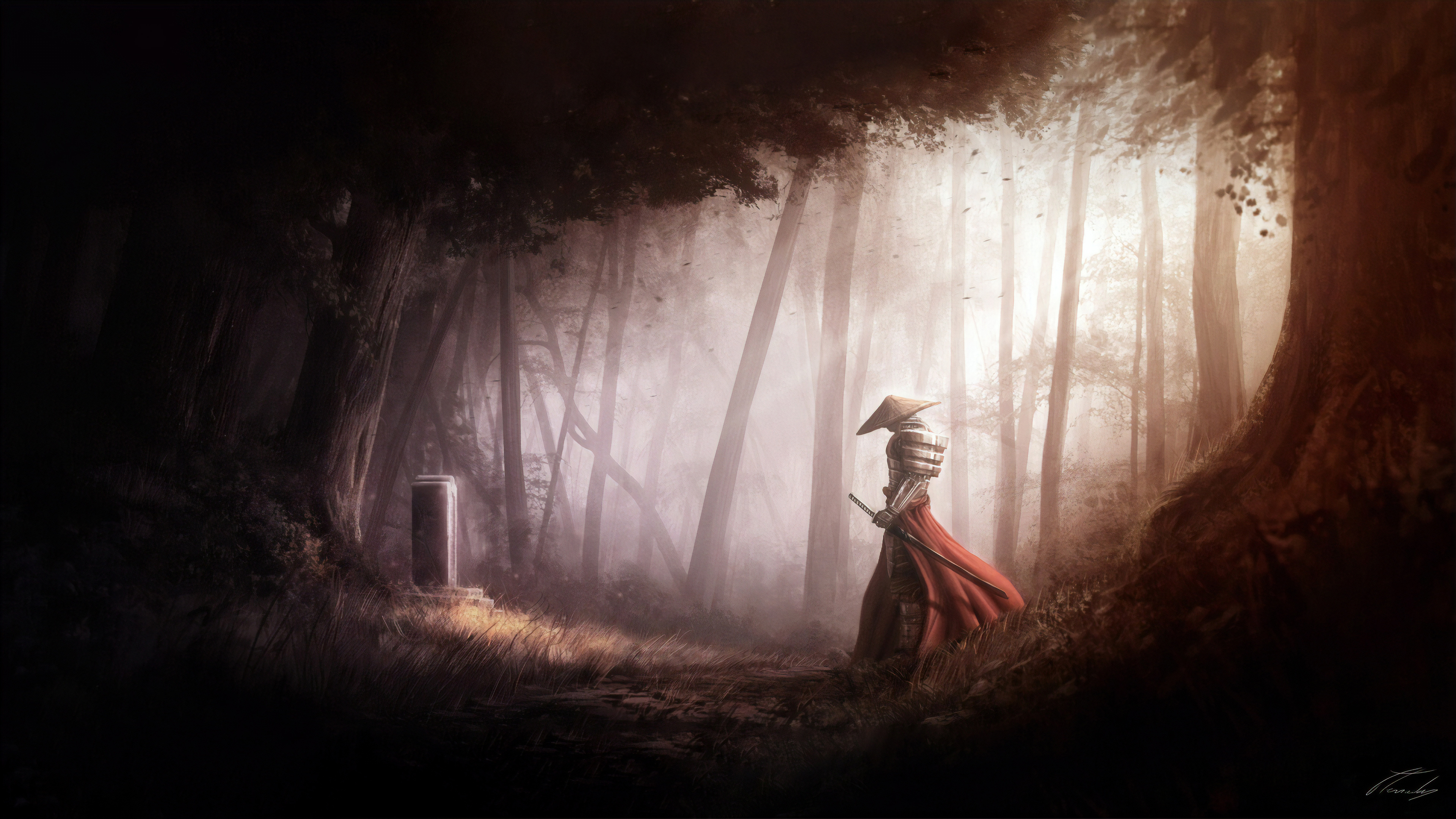 armored ronin with katana, stone shrine monument, misty sunlit forest, 4K Desktop wallpaper
