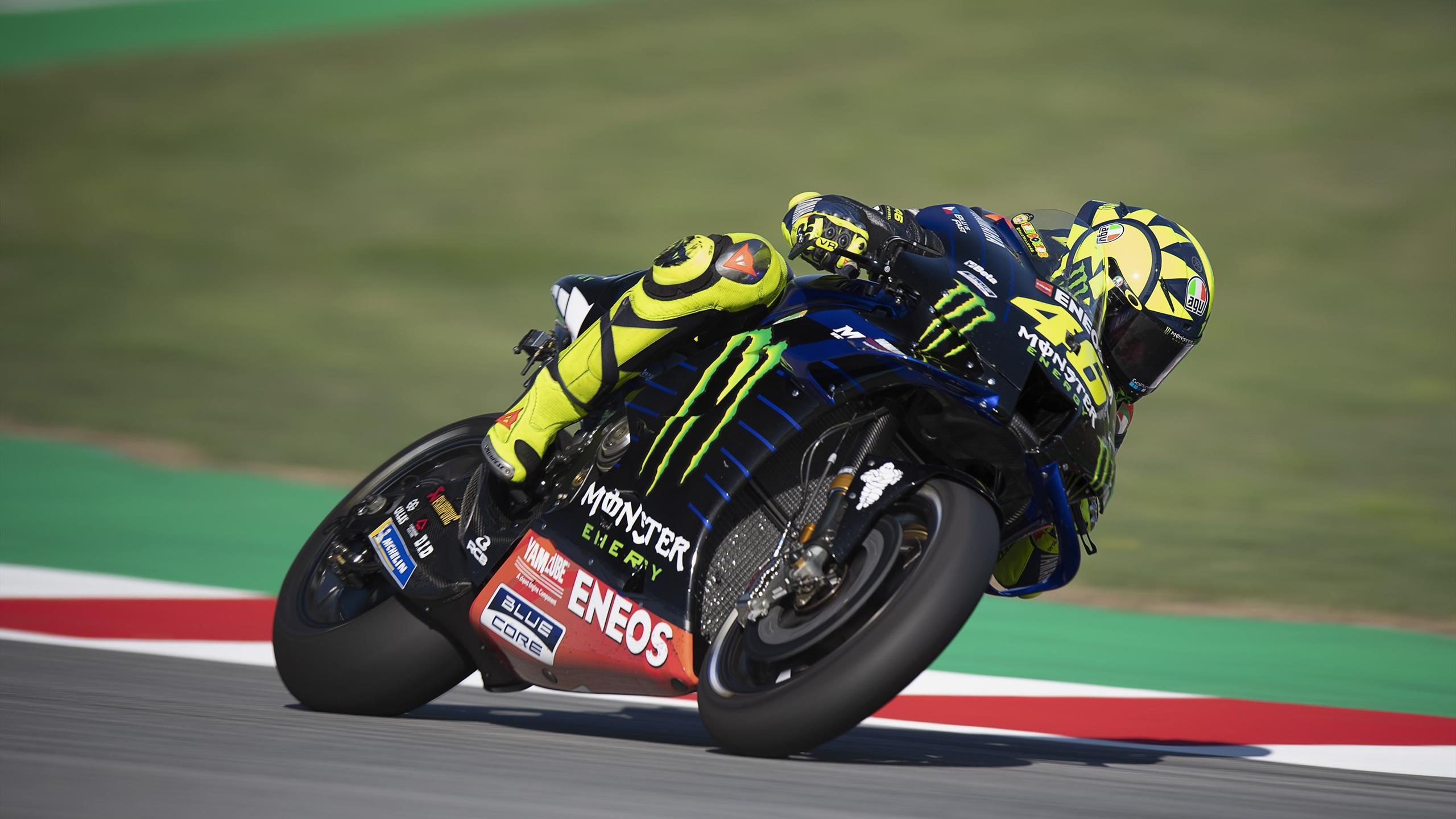 Valentino Rossi number 46, Monster Energy Yamaha YZR-M1, MotoGP hard braking front-on, HD Desktop wallpaper