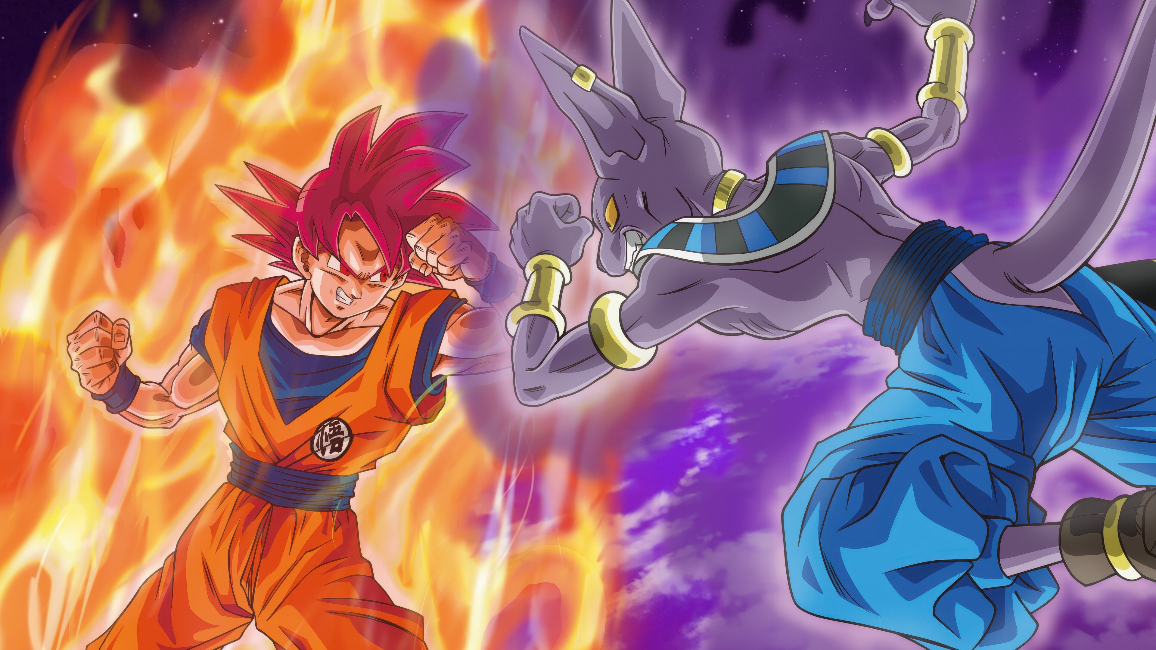 Goku, Beerus, Whis, Super Saiyan God, Clash of fists, Dragon Ball Super, 4K Desktop wallpaper