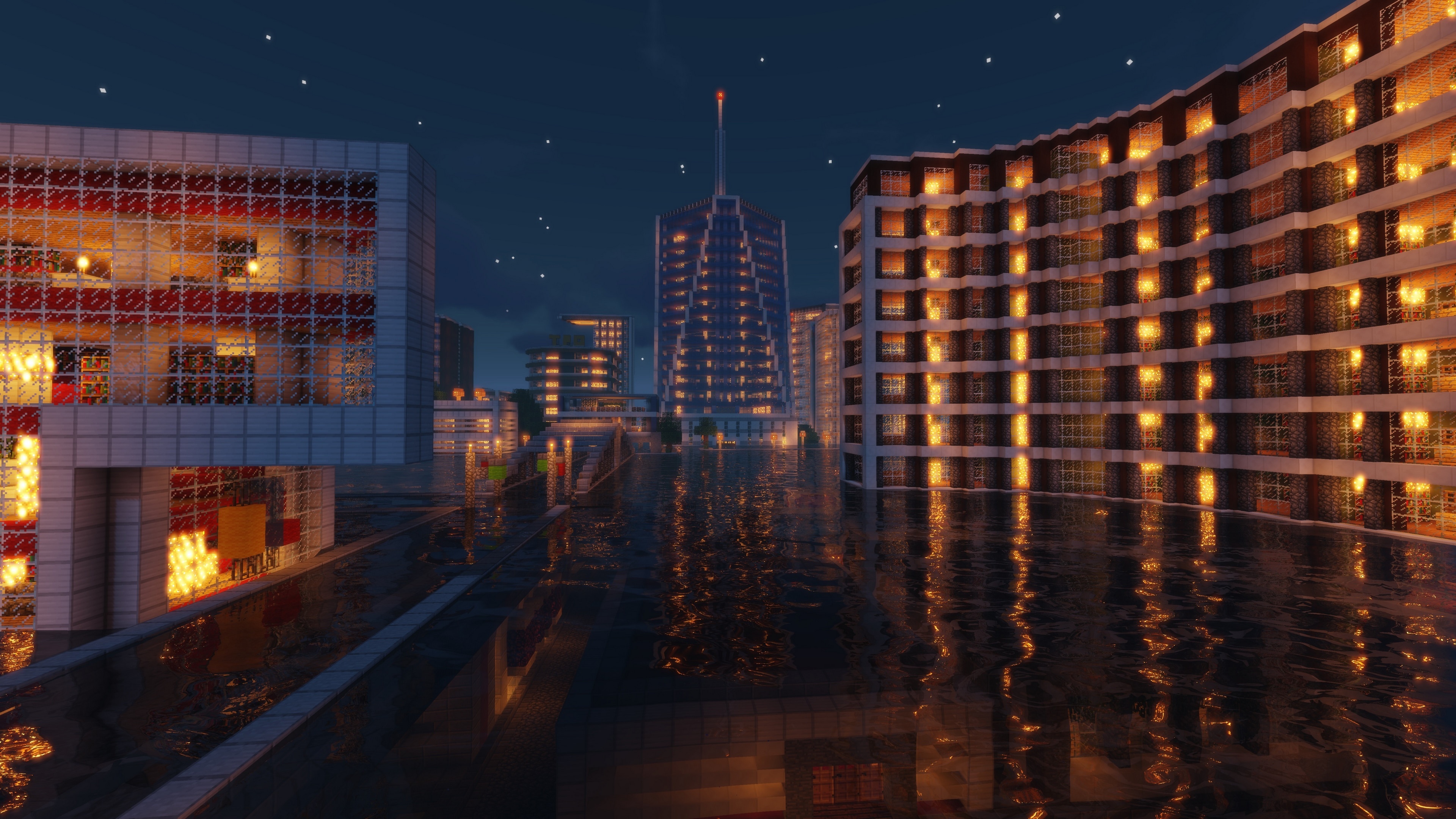 Minecraft modern city, realistic water shaders, illuminated skyscraper reflections, 4K Desktop wallpaper