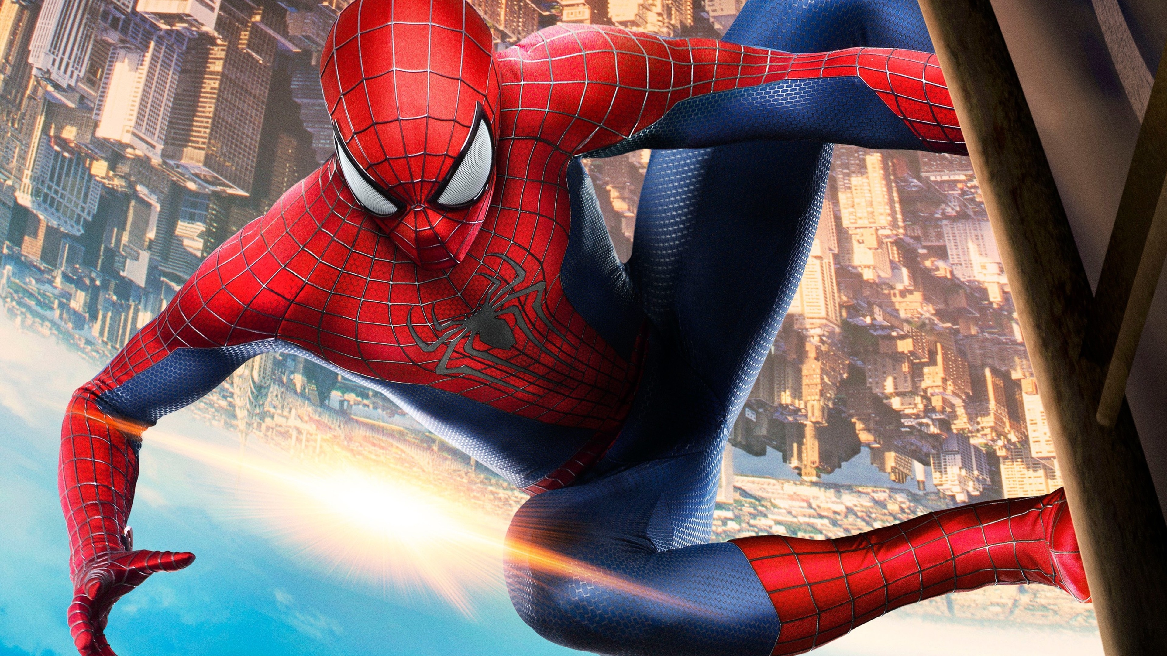 The Amazing Spider-Man, upside-down Manhattan skyline, Spider-Man red-blue suit, 4K Desktop wallpaper