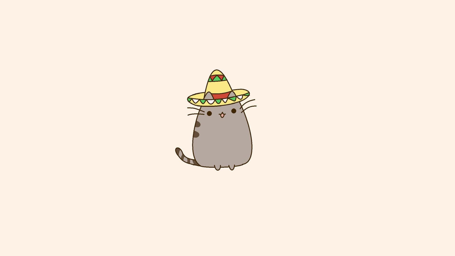 Pusheen the Cat, Patterned Mexican sombrero, Minimalist beige backdrop, Full HD Desktop wallpaper