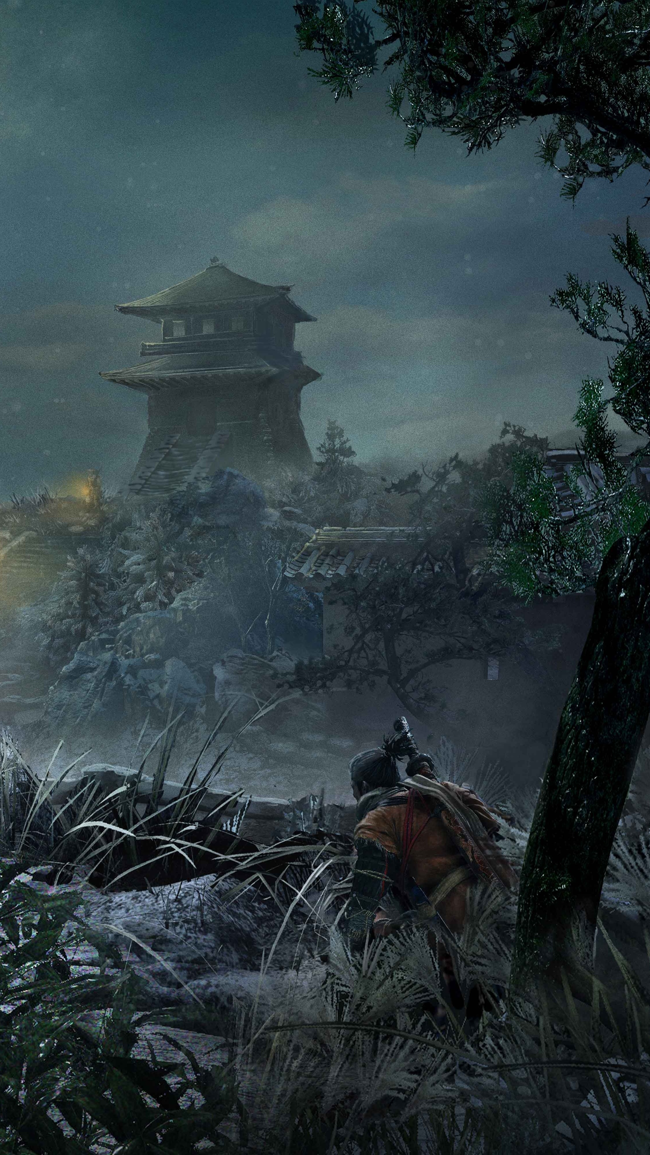 Wolf Sekiro, Ashina Outskirts watchtower, silver grass field, 4K Phone wallpaper
