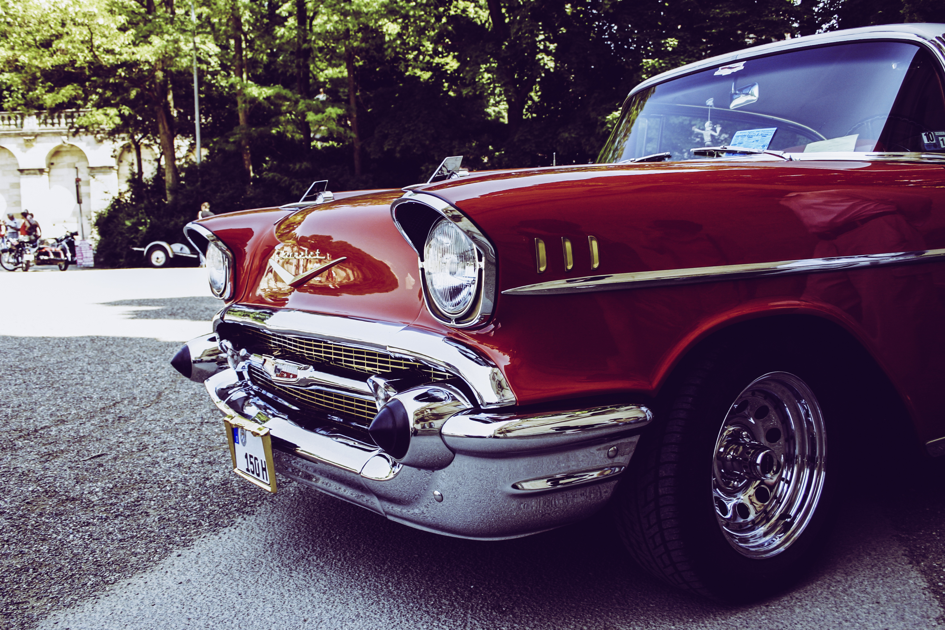 1957 Chevrolet Bel Air, chrome front bumper, outdoor classic car show, HD Desktop wallpaper