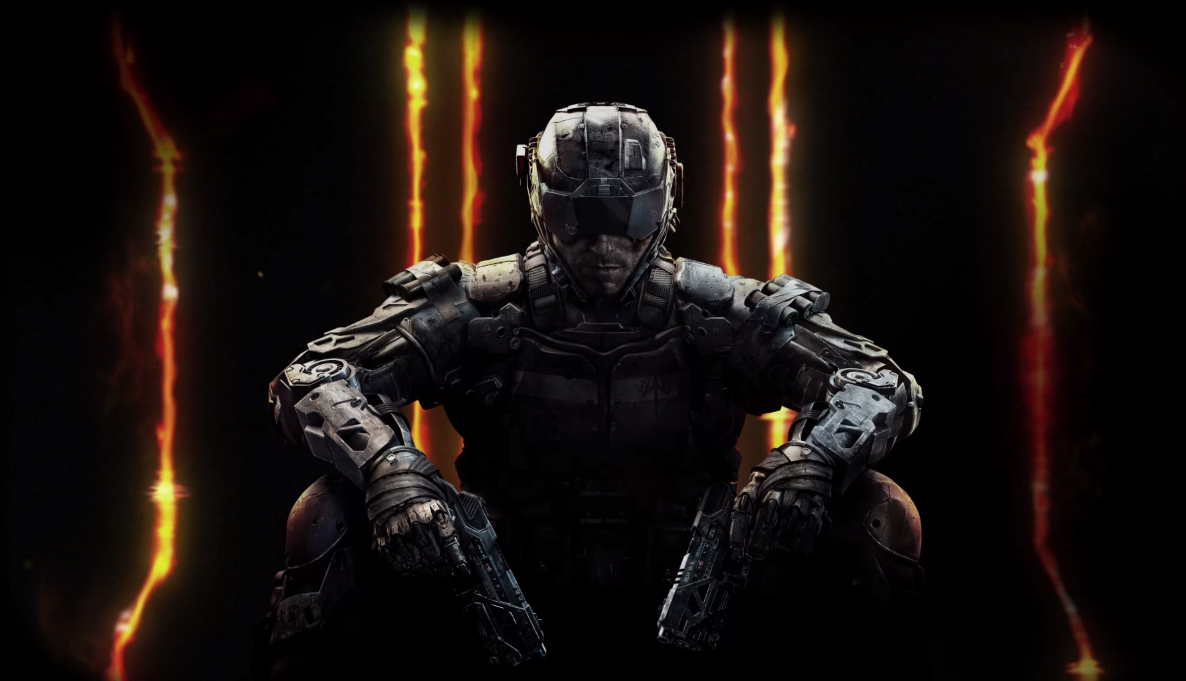 Call of Duty: Black Ops III soldier, Glowing orange Roman numeral III, Cybernetic exoskeleton combat armor, HD Desktop wallpaper