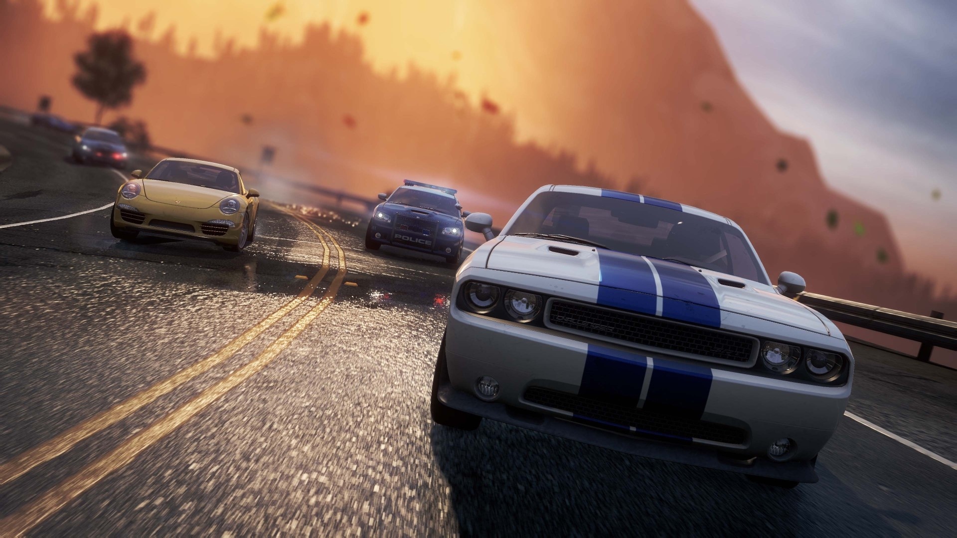 Dodge Challenger SRT8, Dodge Charger police cruiser, yellow Porsche 911, wet mountain highway, Full HD Desktop wallpaper
