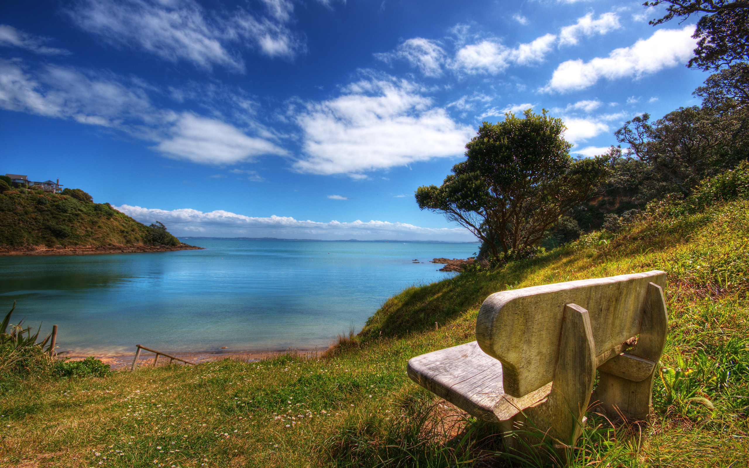 weathered wooden park bench, tranquil coastal ocean cove, bright blue cloudy sky, HD Desktop wallpaper