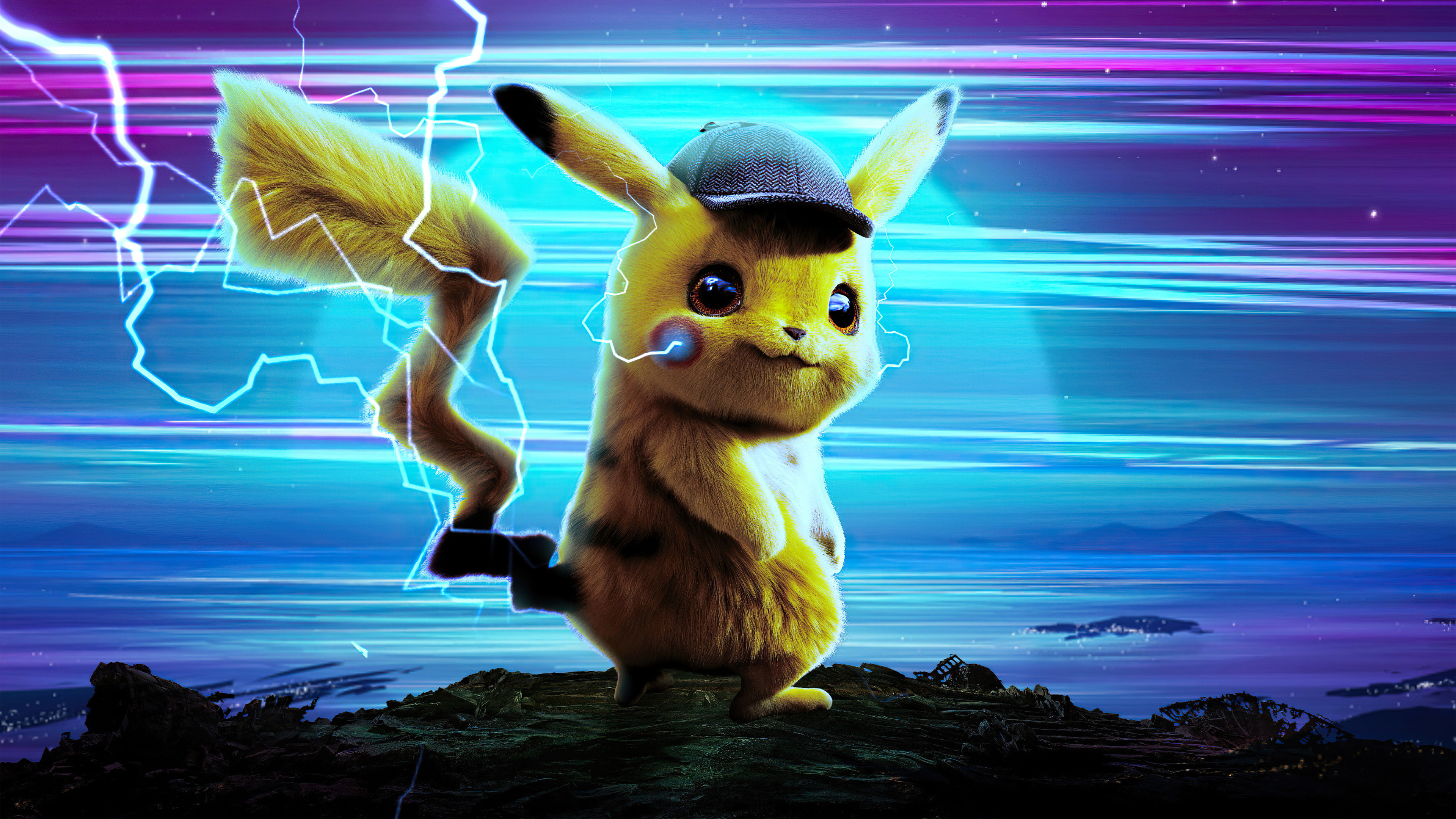 Detective Pikachu, deerstalker hat, crackling blue electricity, 4K Desktop wallpaper