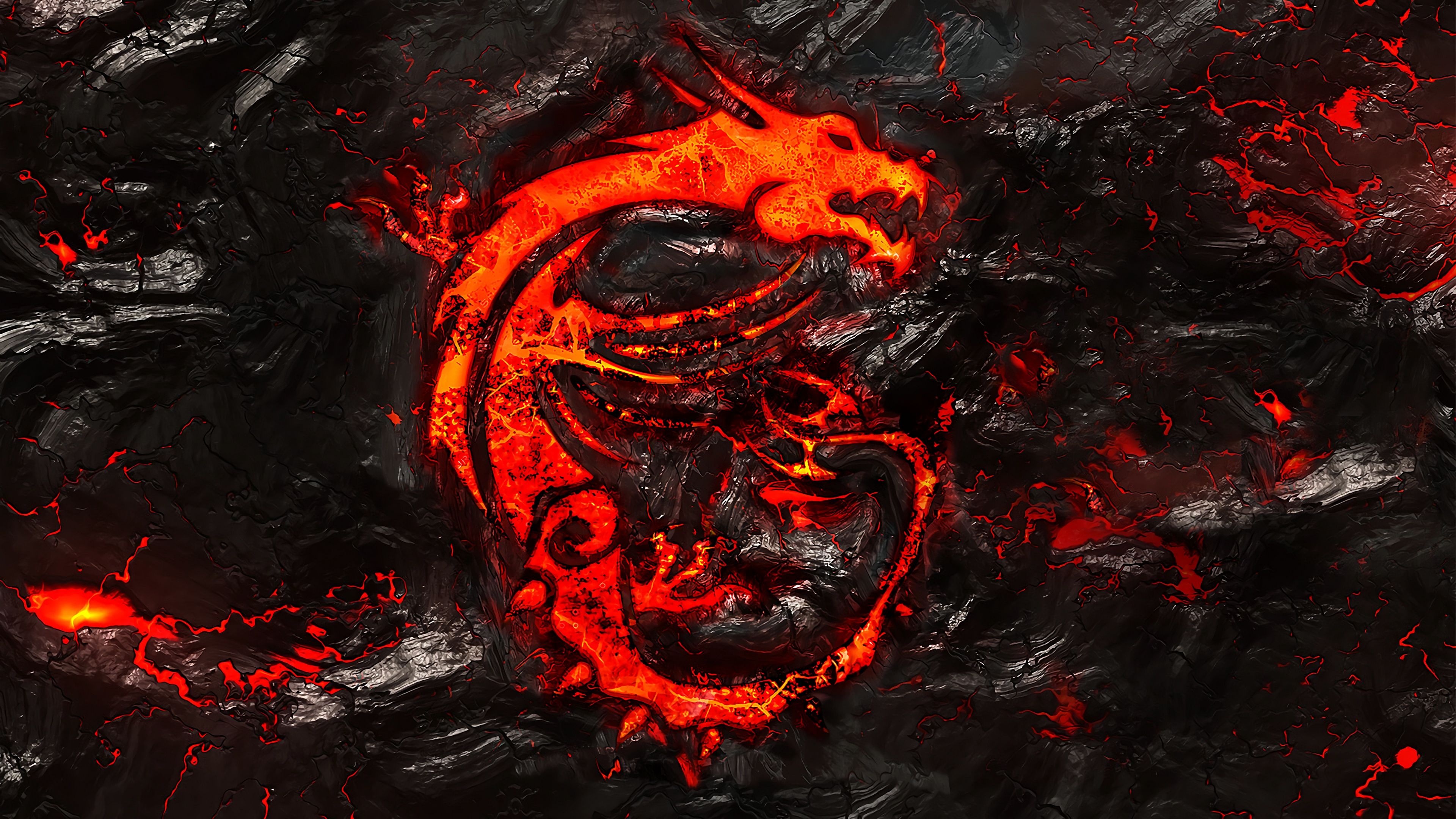 MSI Gaming dragon logo, glowing molten lava, cracked volcanic rock, 4K Desktop wallpaper