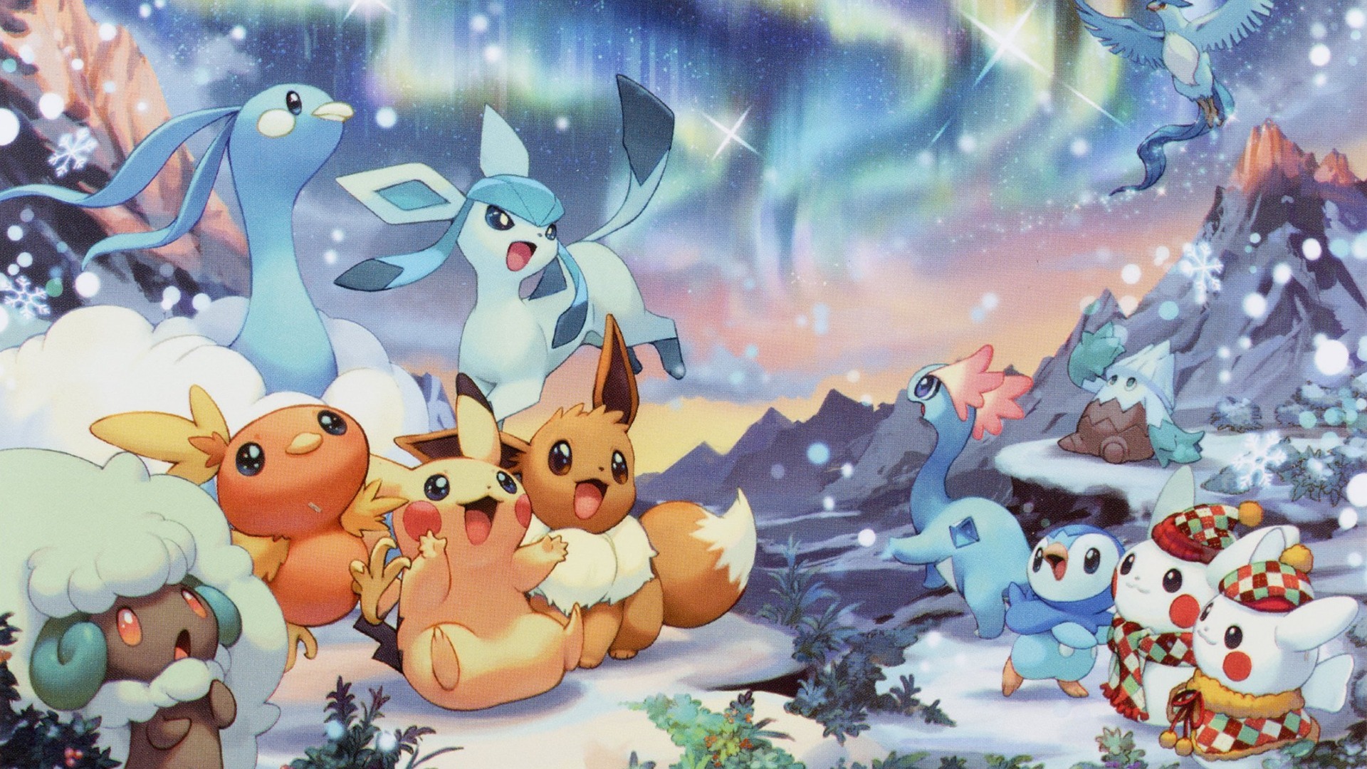 Pikachu, Eevee, Glaceon, Altaria, Articuno, Torchic, Piplup, Amaura, Snover, Whimsicott, Minccino, Aurora borealis, Full HD Desktop wallpaper