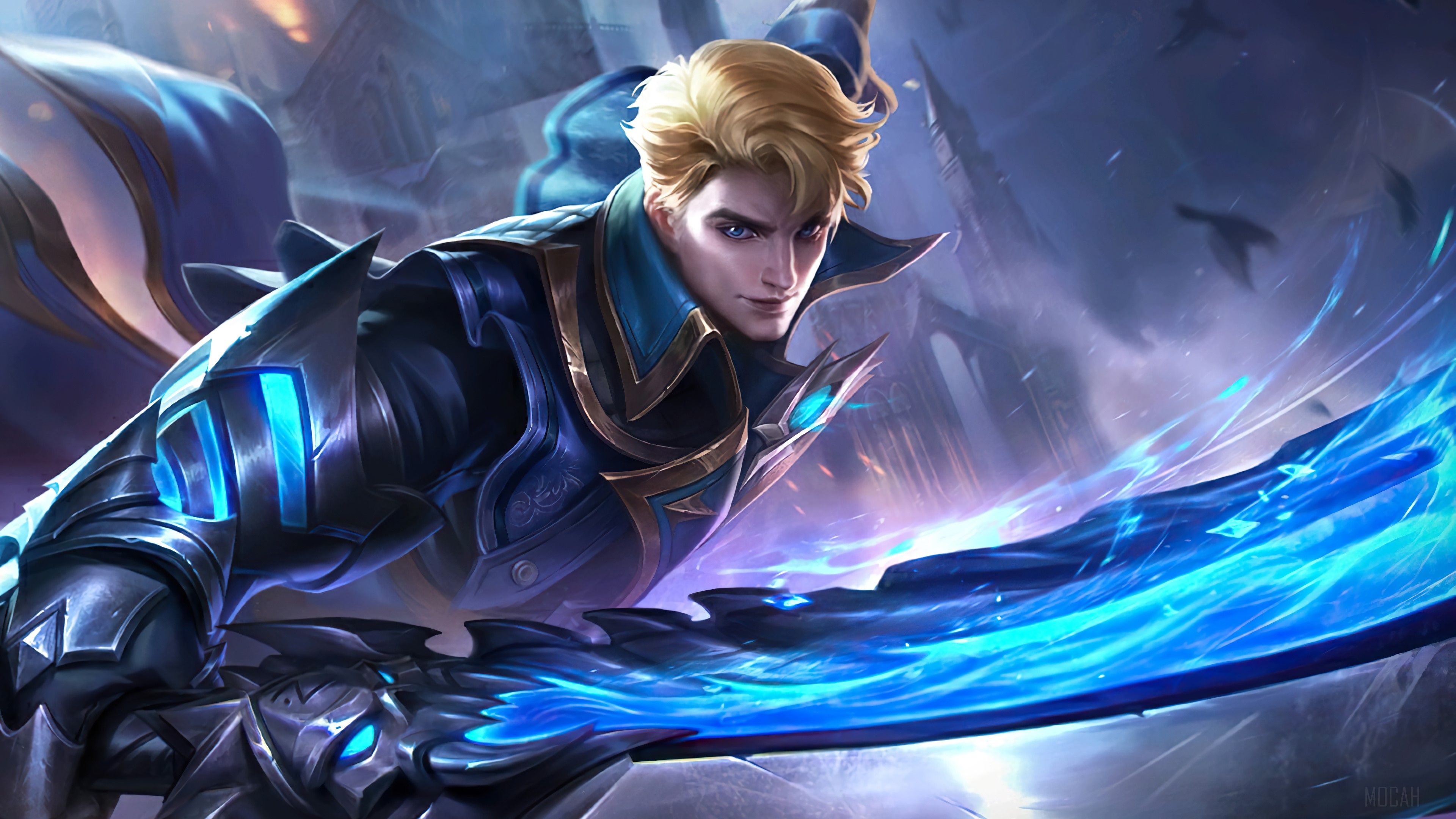 Alucard, glowing blue greatsword, Mobile Legends Bang Bang, 4K Desktop wallpaper