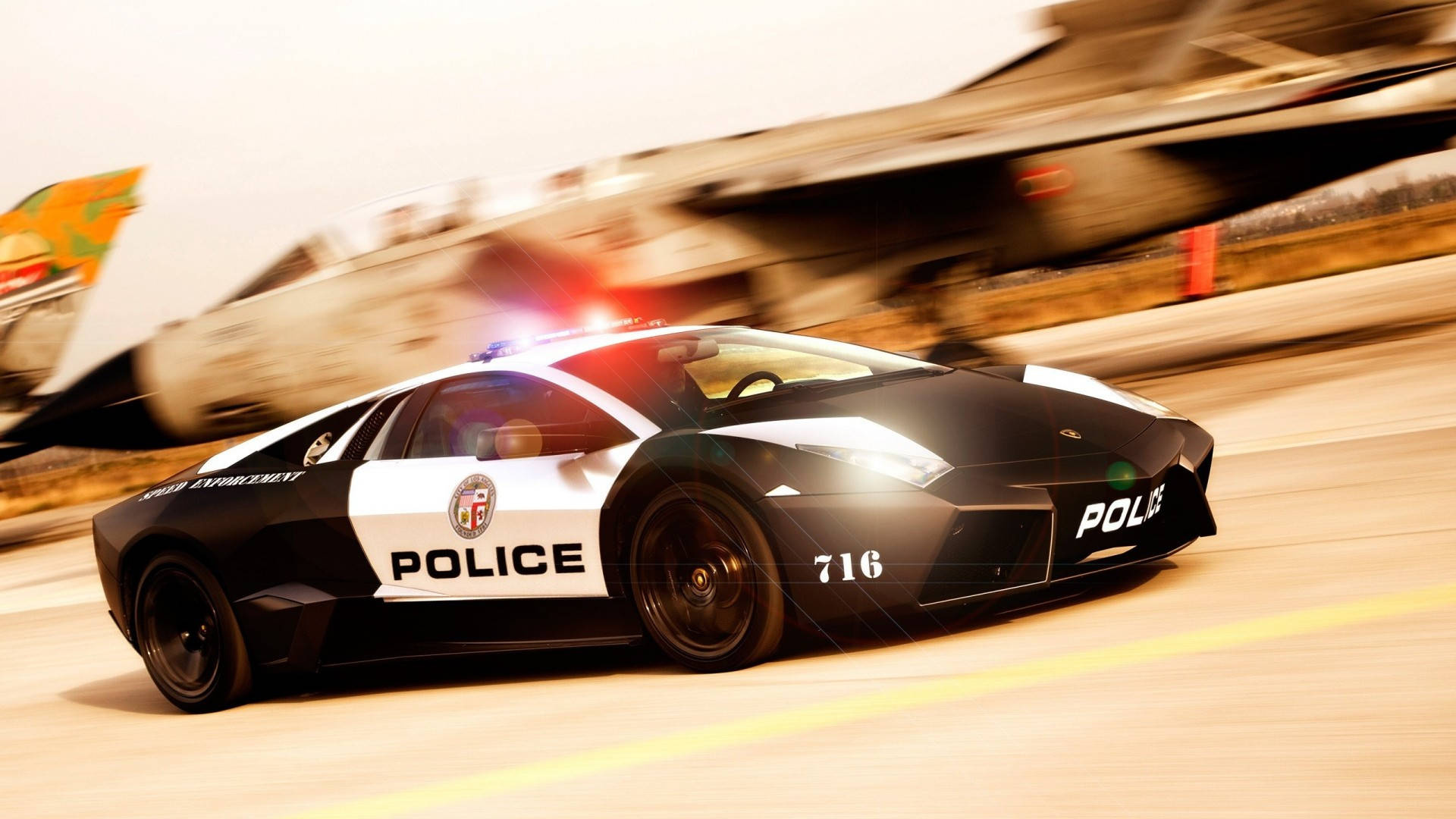 Lamborghini Reventón police car, Fighter jet airfield runway, Emergency vehicle light bar, Full HD Desktop wallpaper