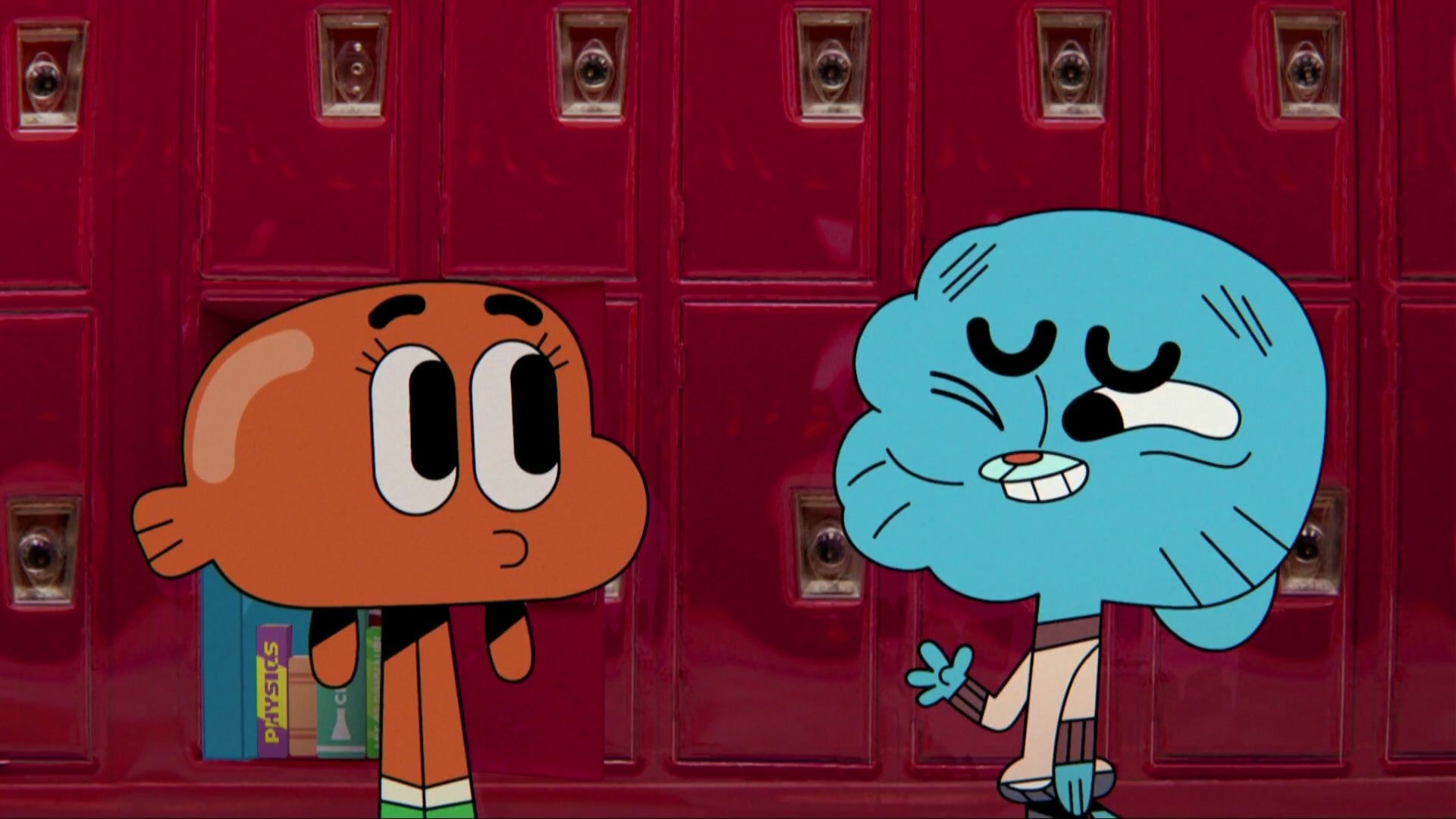 Gumball Watterson, Darwin Watterson, red school lockers, Full HD Desktop wallpaper