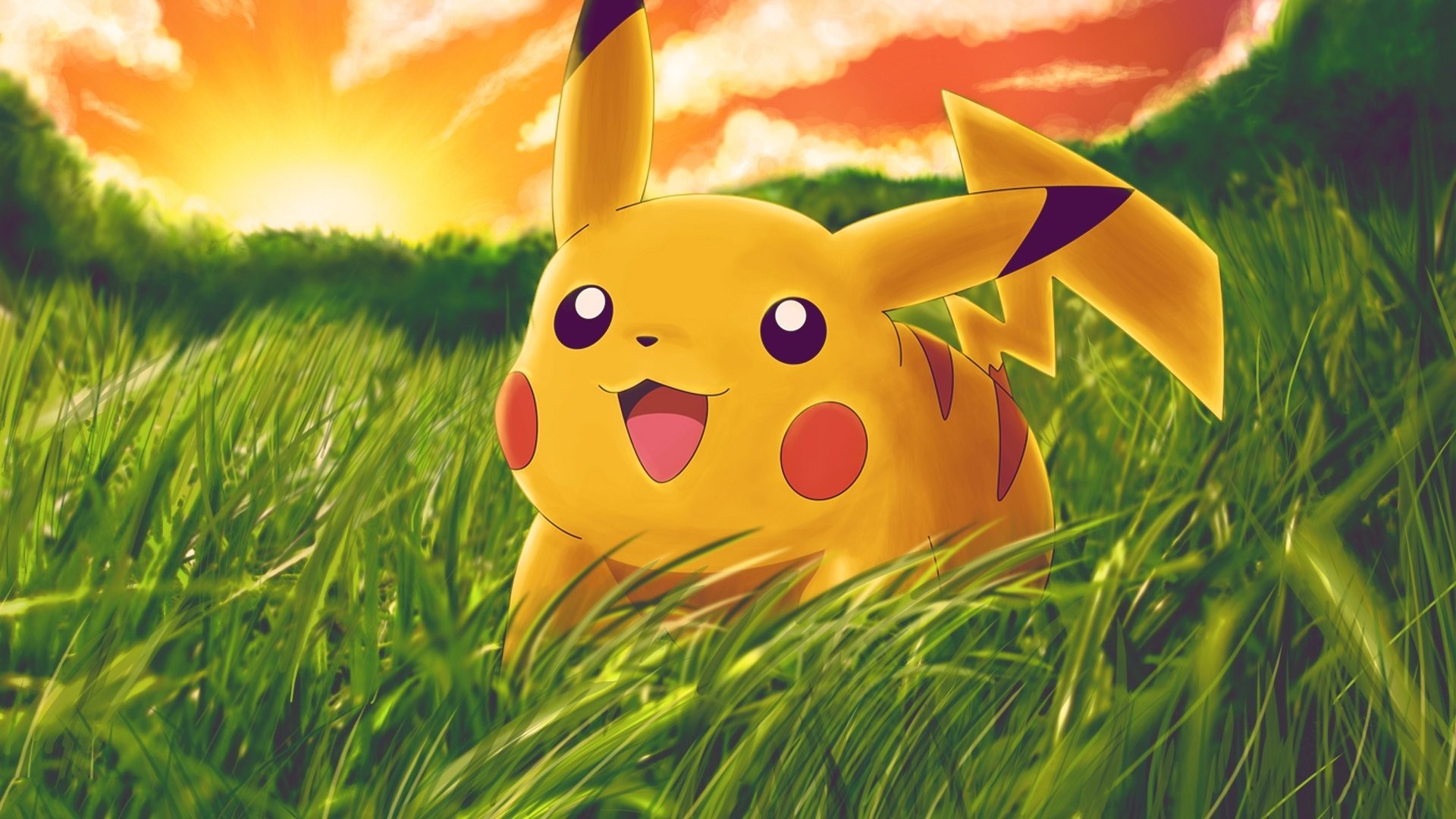 Pikachu, tall green grass, golden sunrise sky, Full HD Desktop wallpaper
